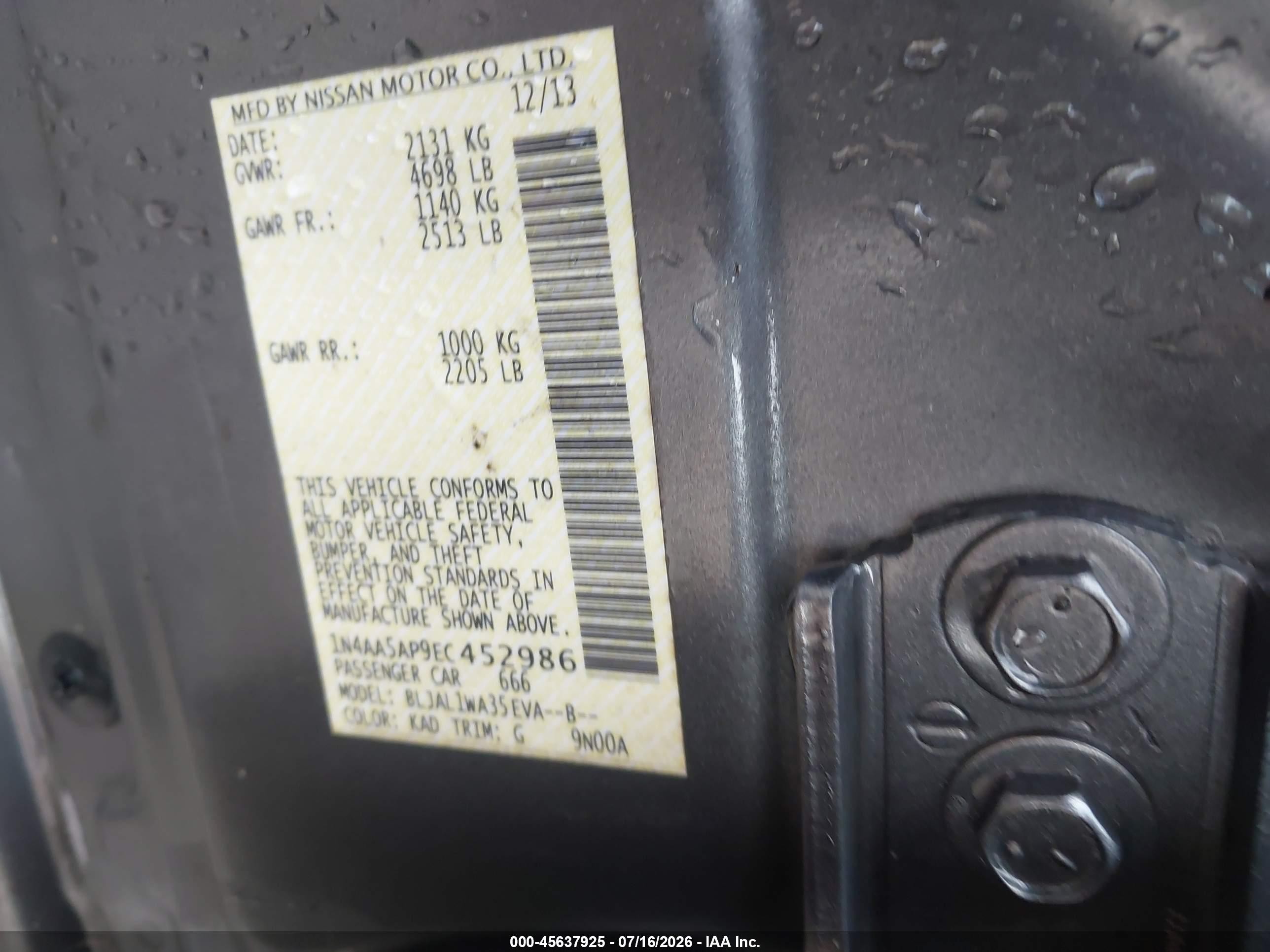 2014 Nissan Maxima 3.5 Sv Gray vin: 1N4AA5AP9EC452986