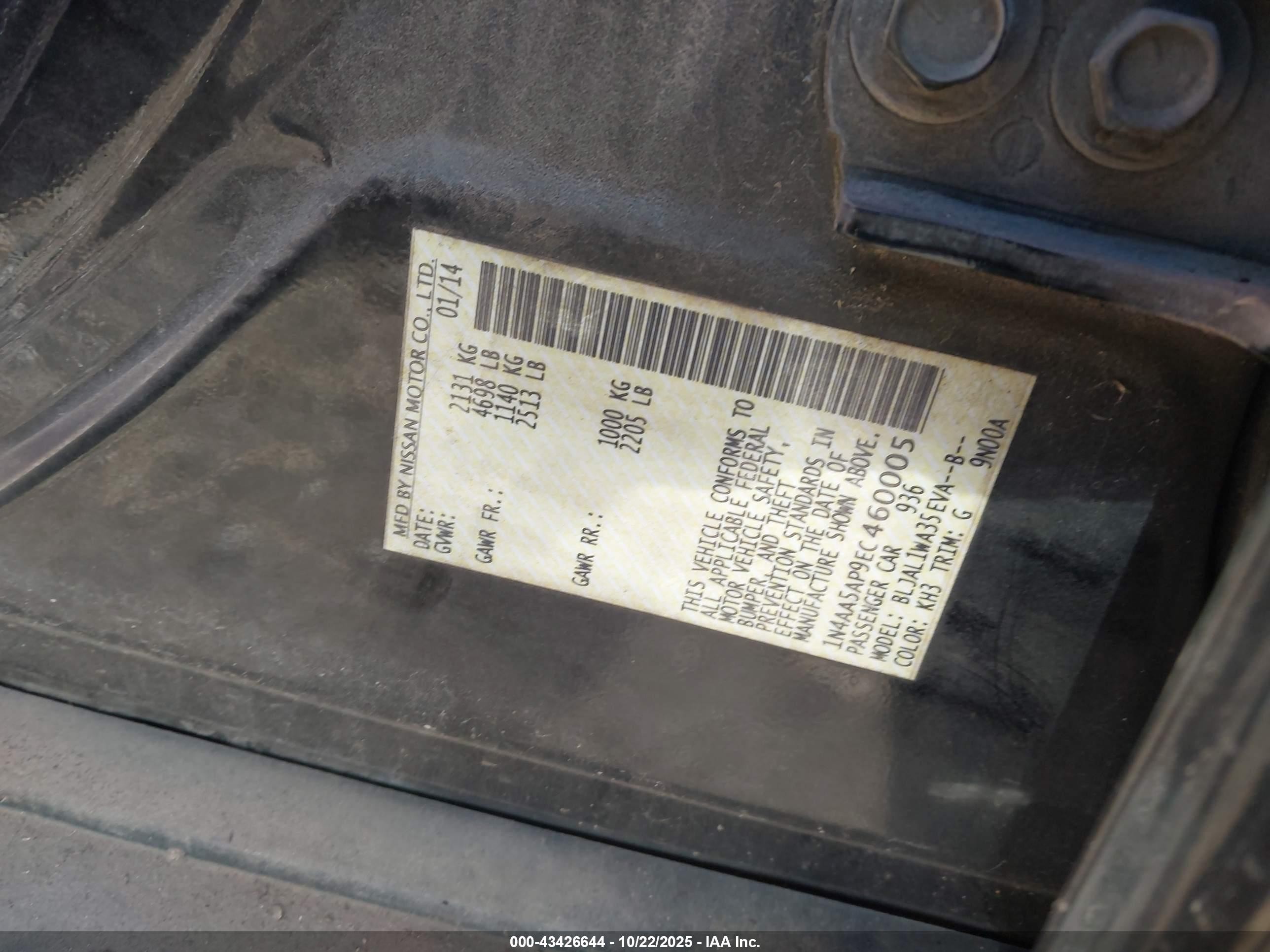 2014 Nissan Maxima 3.5 S/3.5 Sv Black vin: 1N4AA5AP9EC460005