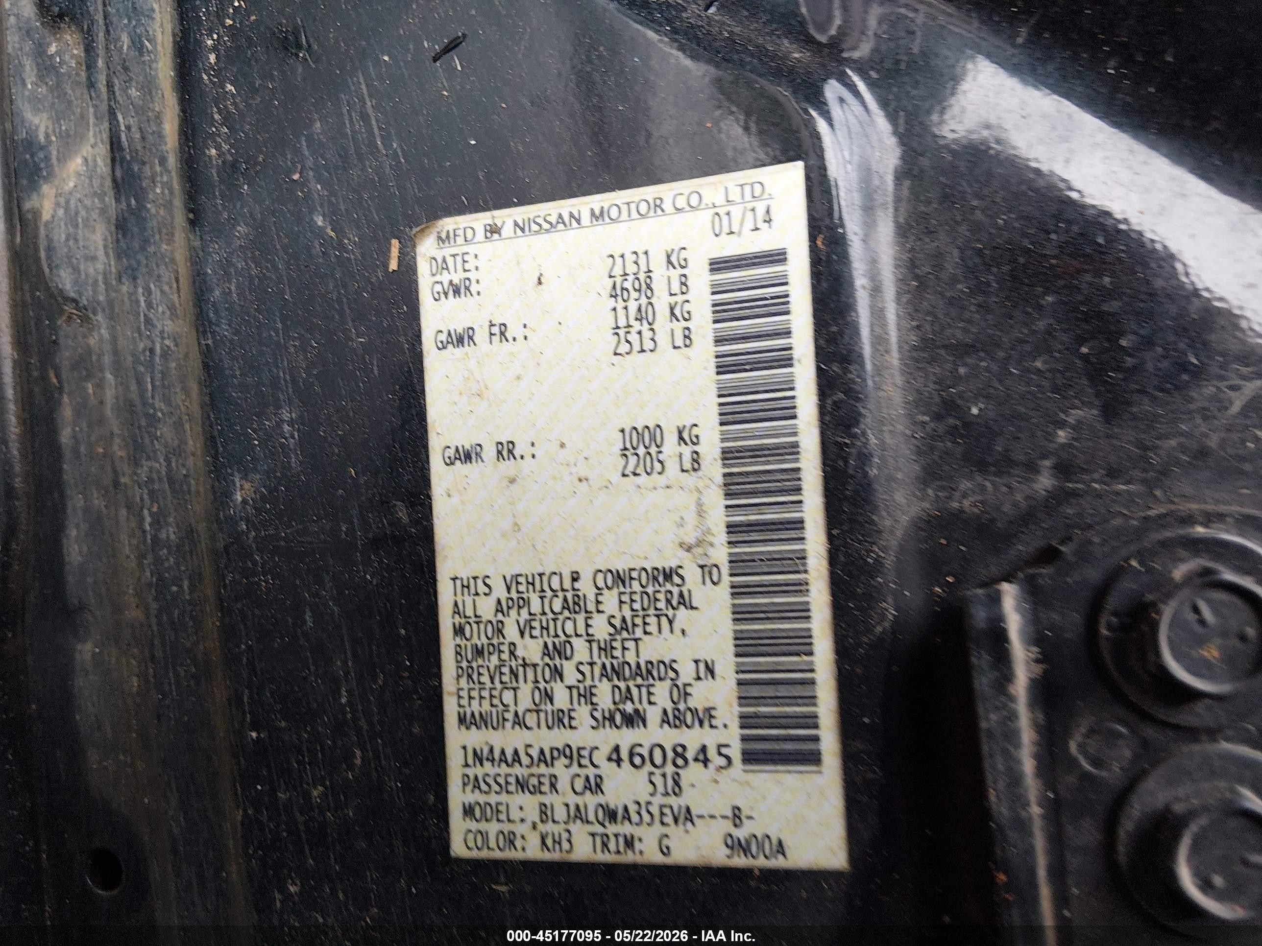 2014 Nissan Maxima 3.5 S/3.5 Sv Black vin: 1N4AA5AP9EC460845