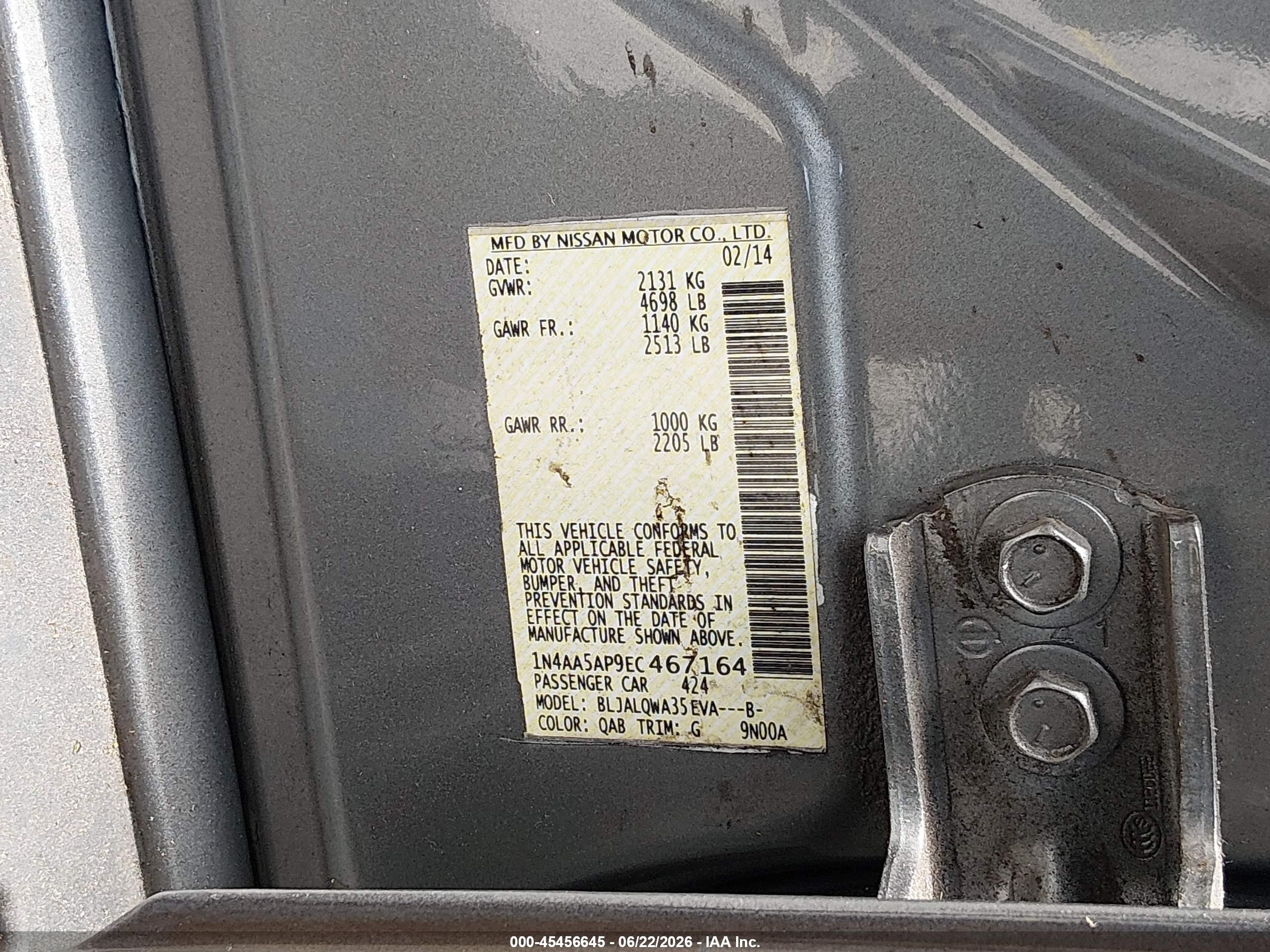 2014 Nissan Maxima 3.5 S/3.5 Sv Gray vin: 1N4AA5AP9EC467164