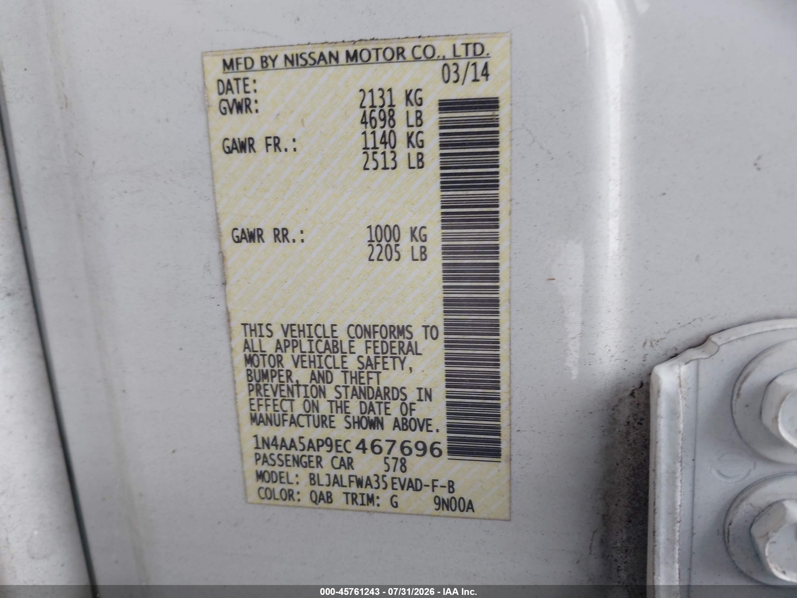 2014 Nissan Maxima 3.5 Sv White vin: 1N4AA5AP9EC467696