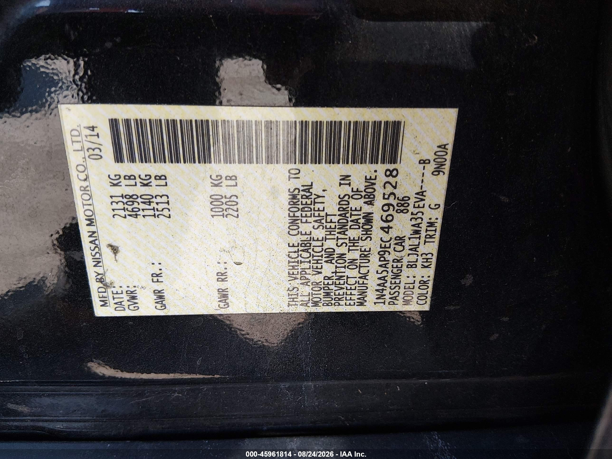 2014 Nissan Maxima 3.5 Sv Black vin: 1N4AA5AP9EC469528