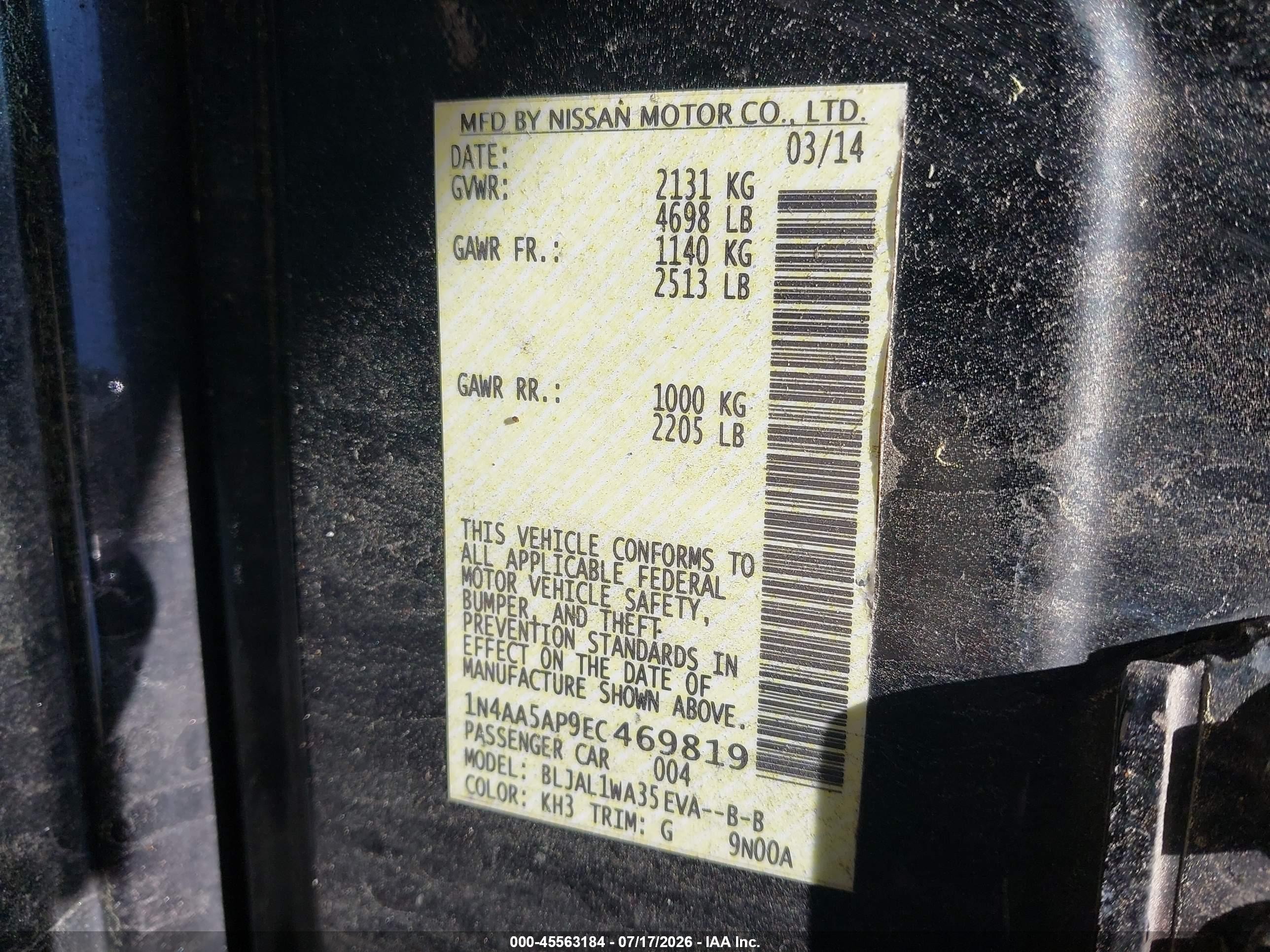 2014 Nissan Maxima 3.5 Sv Black vin: 1N4AA5AP9EC469819