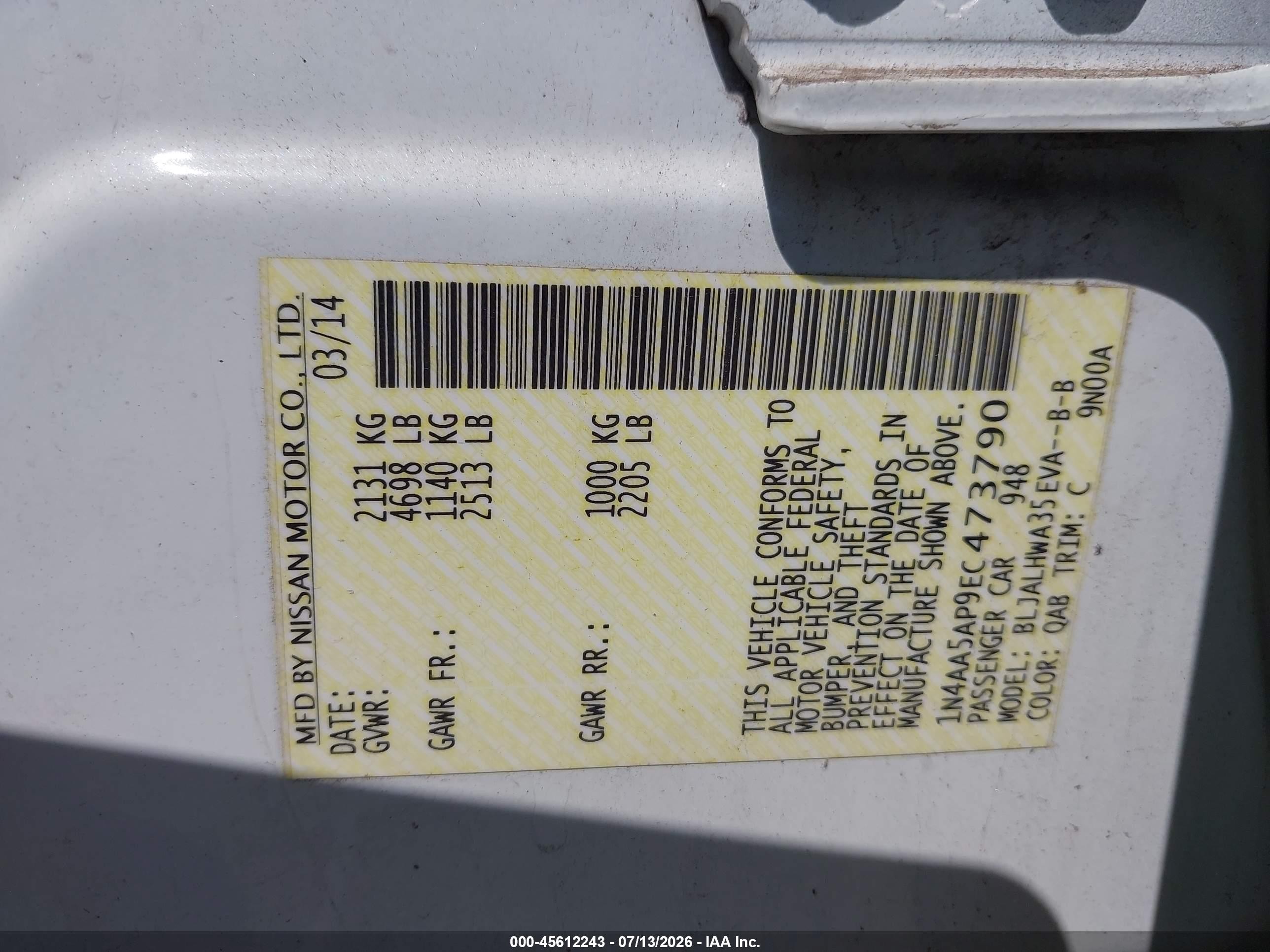 2014 Nissan Maxima 3.5 Sv White vin: 1N4AA5AP9EC473790