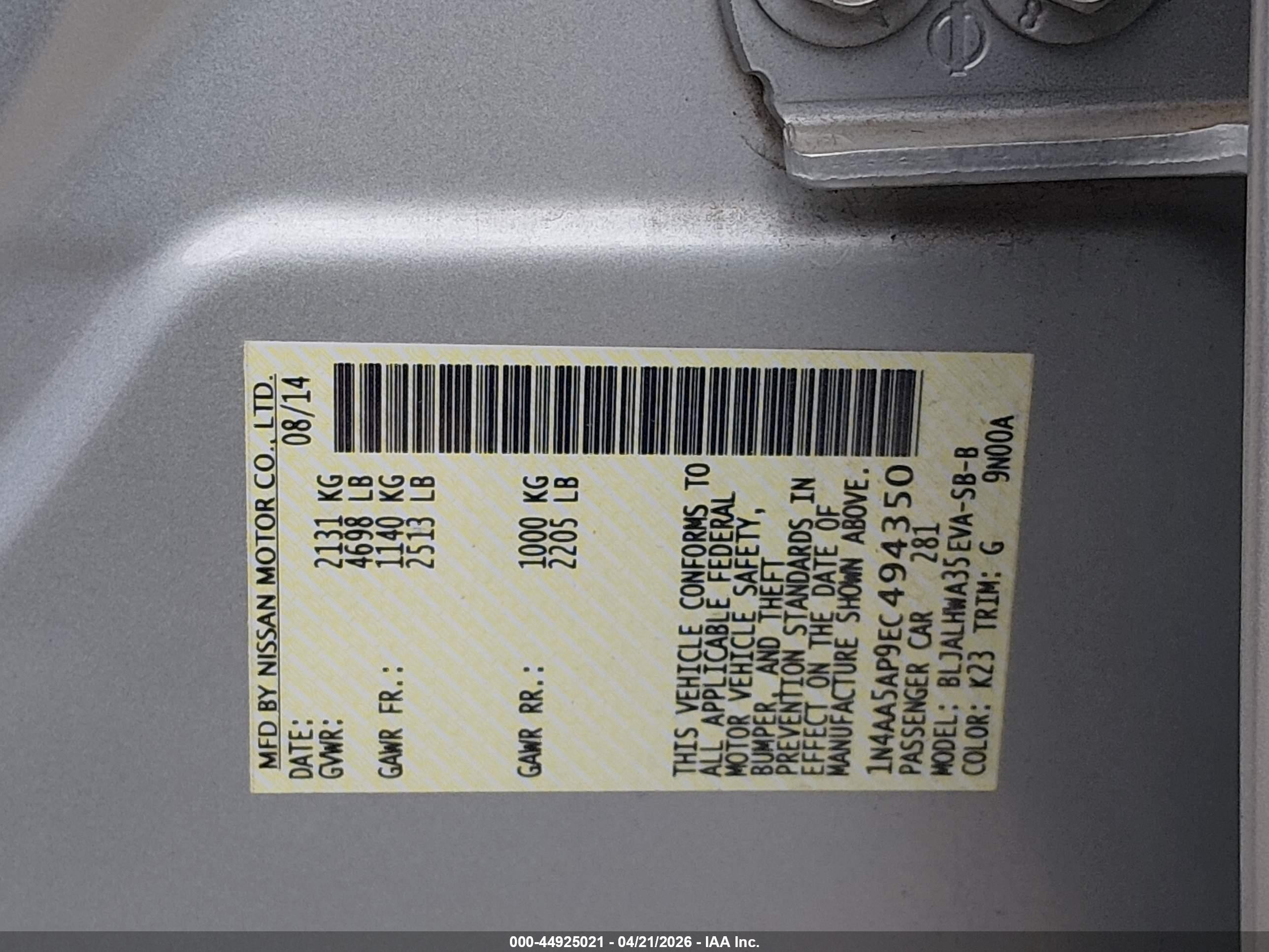 2014 Nissan Maxima 3.5 Sv Silver vin: 1N4AA5AP9EC494350