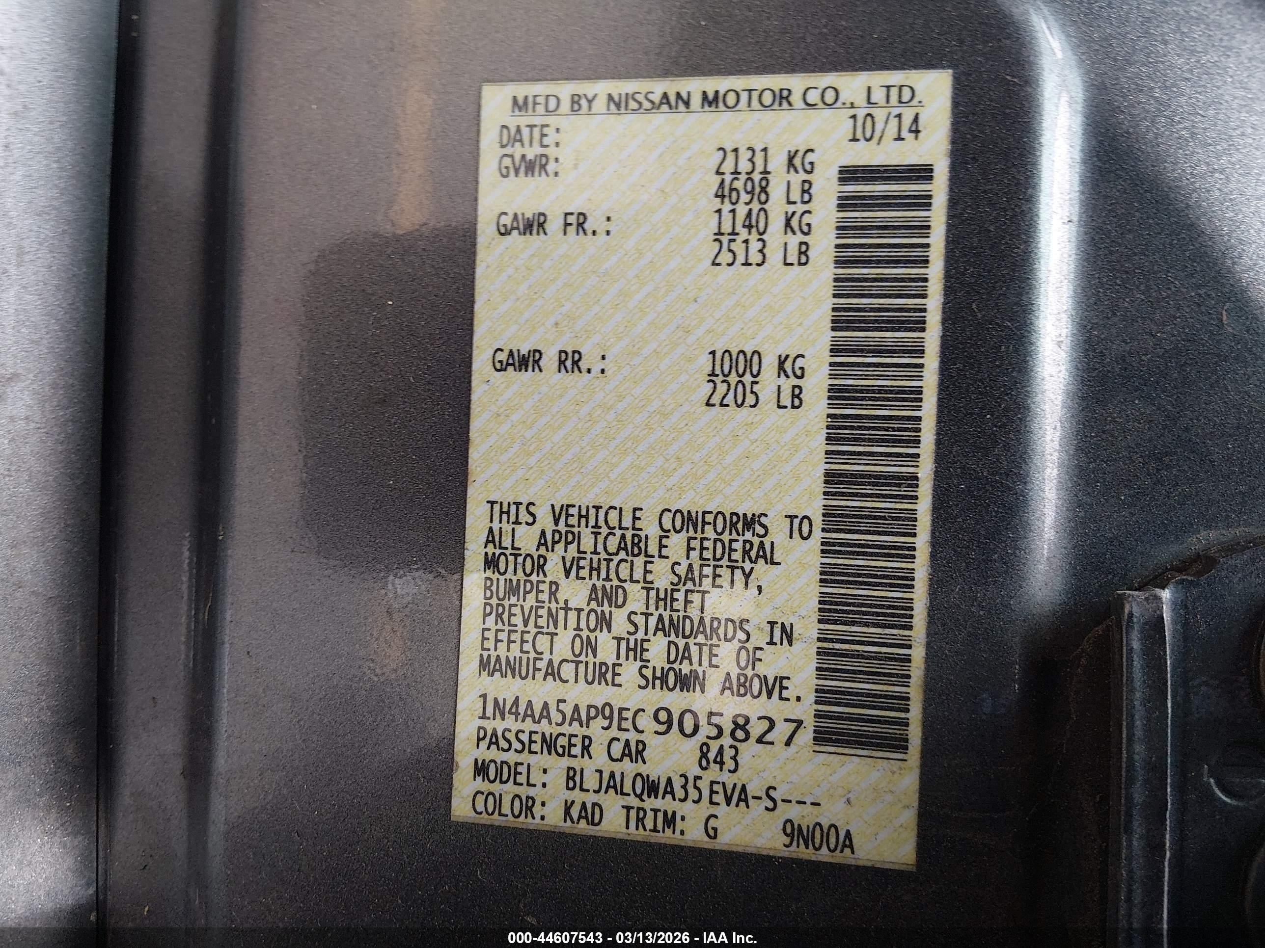 2014 Nissan Maxima 3.5 S Silver vin: 1N4AA5AP9EC905827