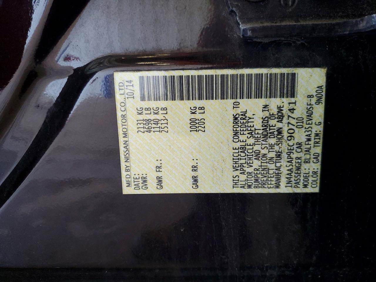 2014 Nissan Maxima 3.5 S Purple vin: 1N4AA5AP9EC907741