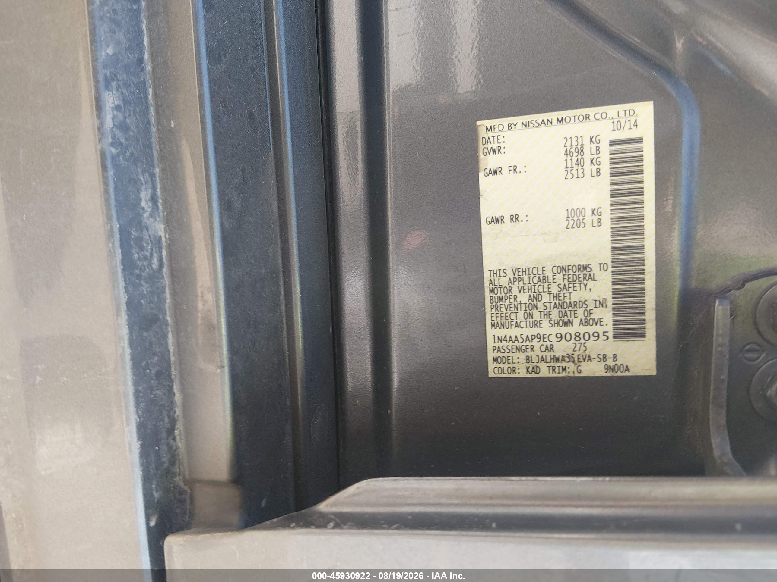 2014 Nissan Maxima 3.5 Sv Gray vin: 1N4AA5AP9EC908095
