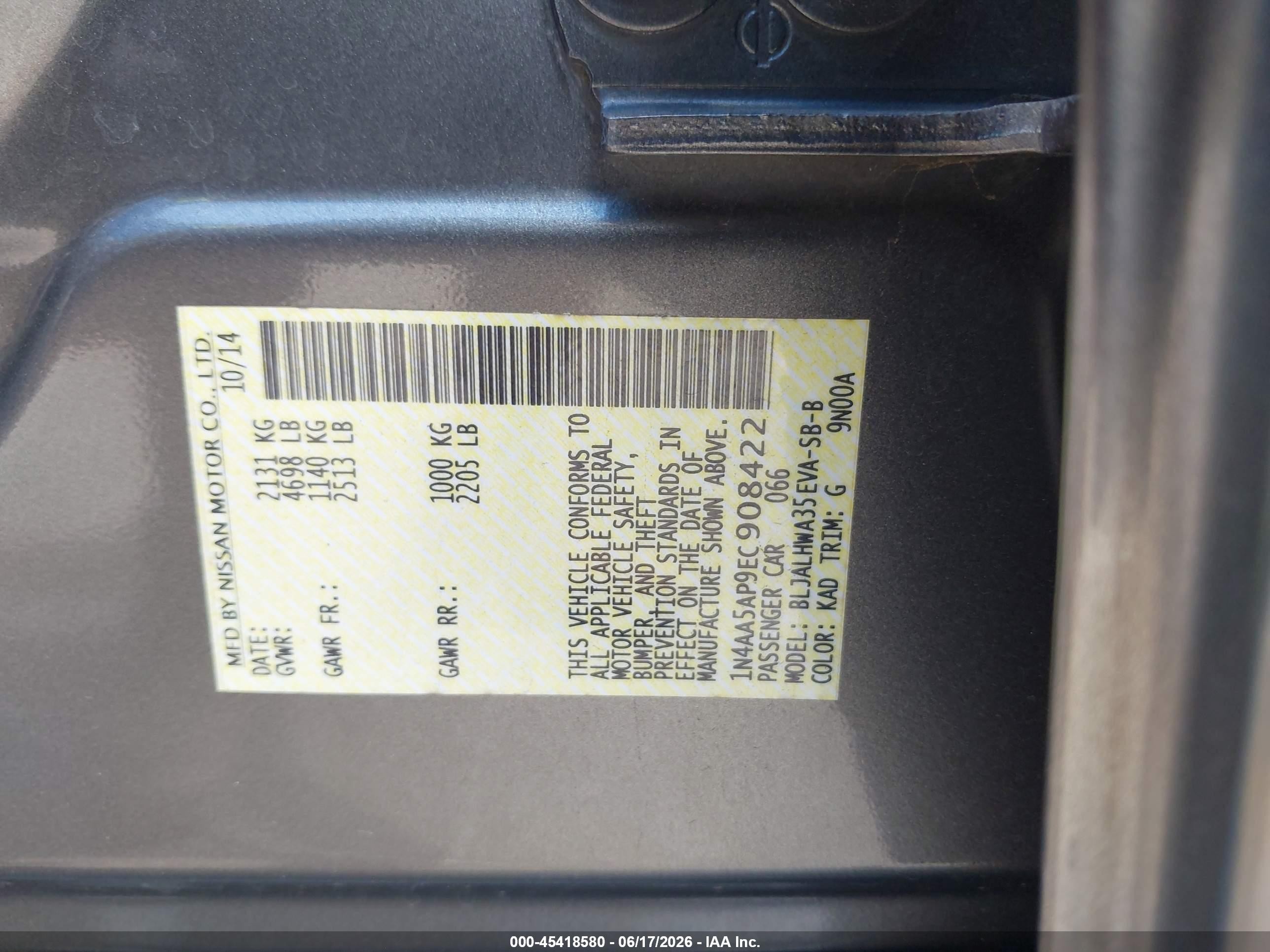 2014 Nissan Maxima 3.5 Sv Black vin: 1N4AA5AP9EC908422