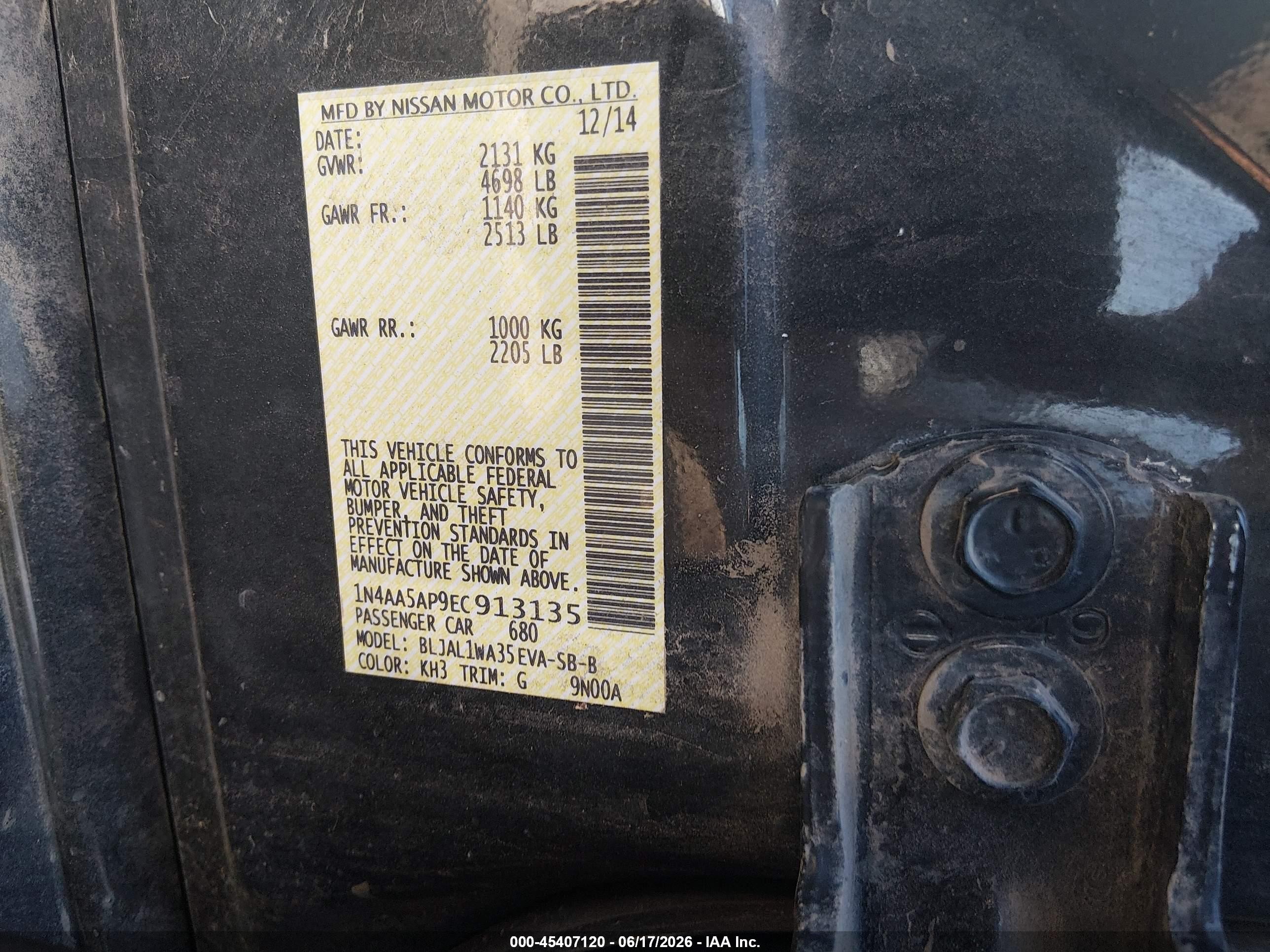 2014 Nissan Maxima 3.5 S/3.5 Sv Black vin: 1N4AA5AP9EC913135