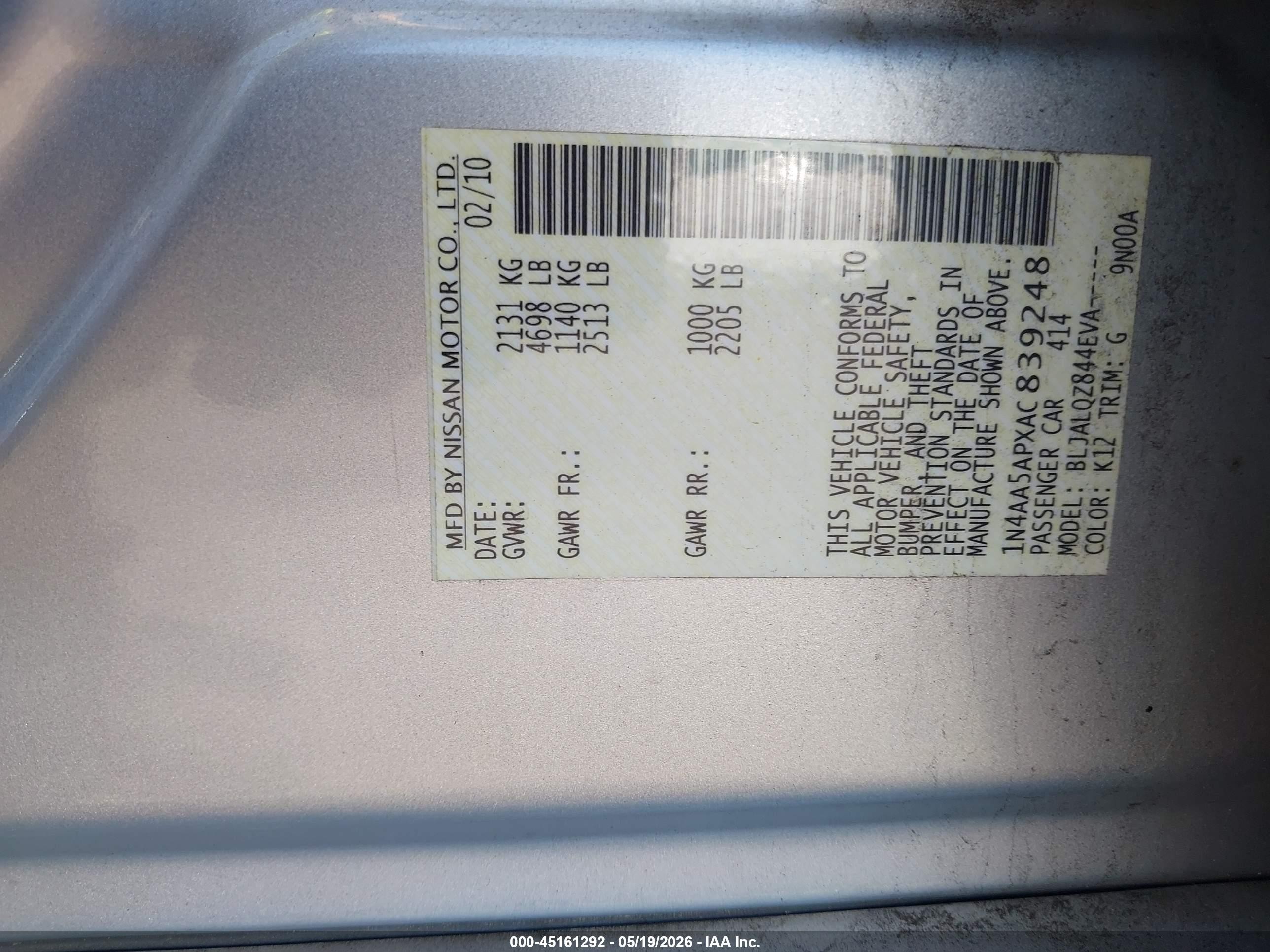 2010 Nissan Maxima 3.5 S Silver vin: 1N4AA5APXAC839248