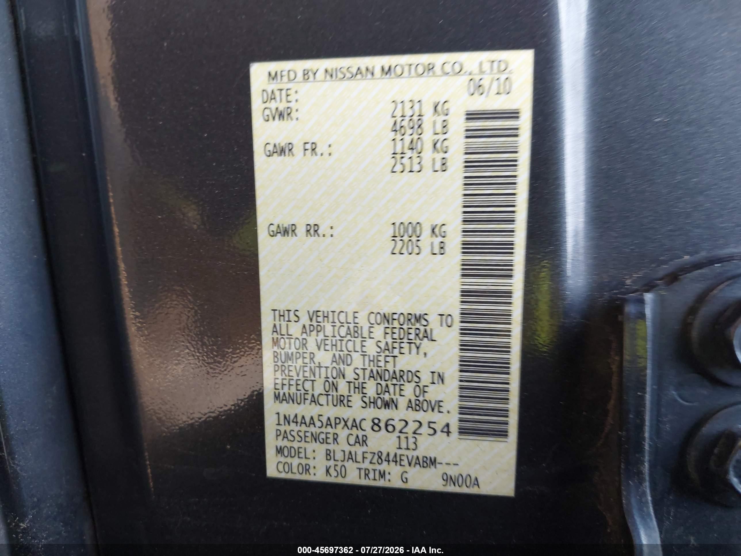 2010 Nissan Maxima 3.5 Sv Gray vin: 1N4AA5APXAC862254