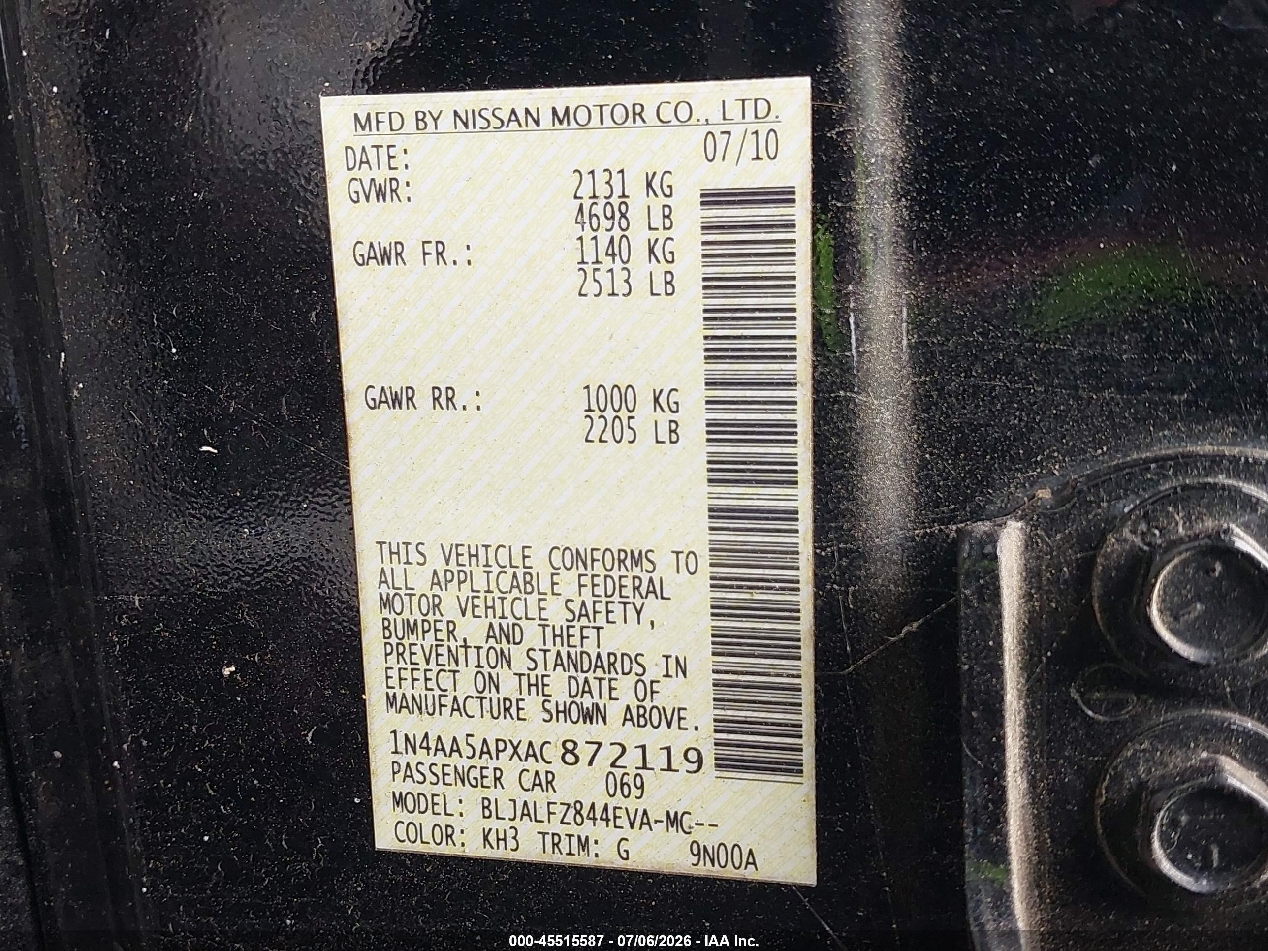2010 Nissan Maxima 3.5 Sv Black vin: 1N4AA5APXAC872119