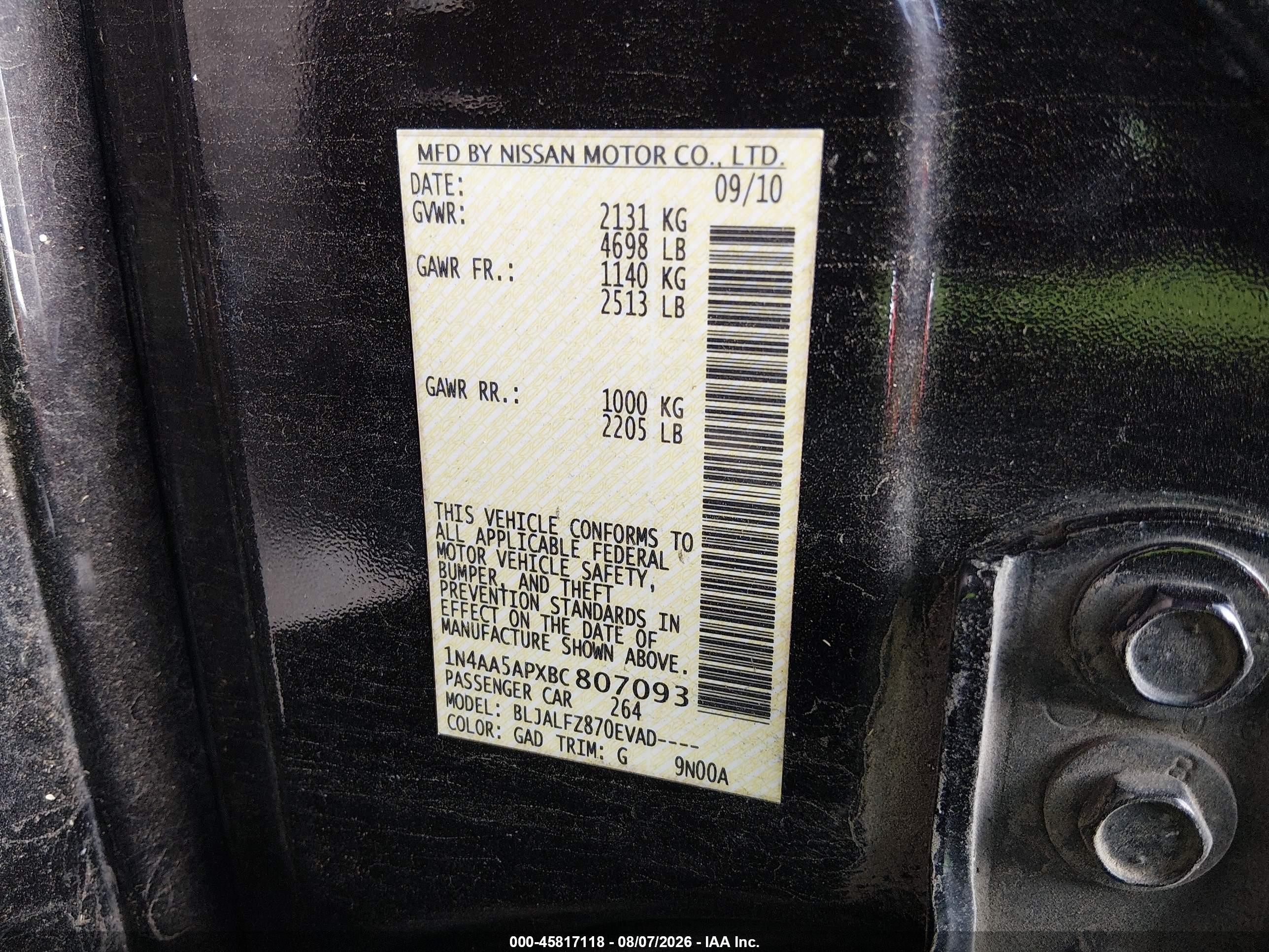 2011 Nissan Maxima 3.5 Sv Purple vin: 1N4AA5APXBC807093