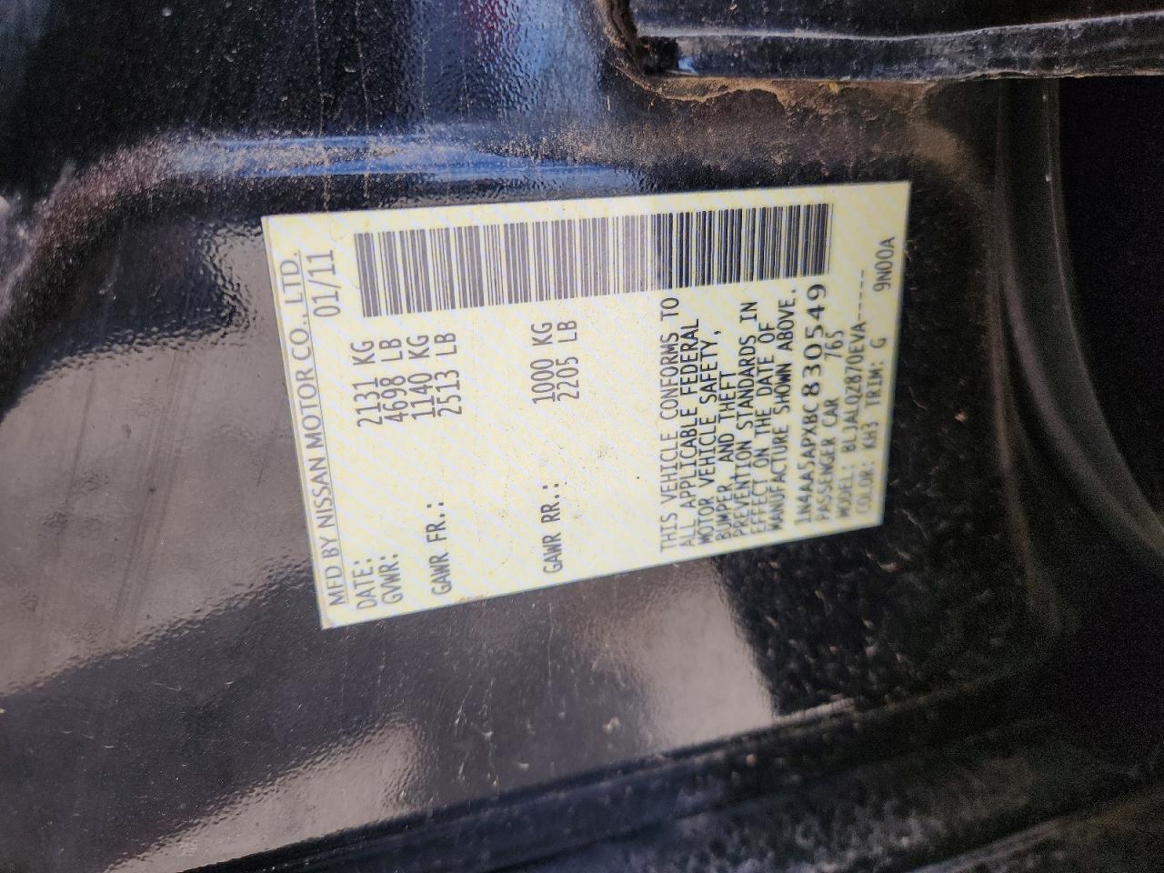 2011 Nissan Maxima 3.5 S Black vin: 1N4AA5APXBC830549