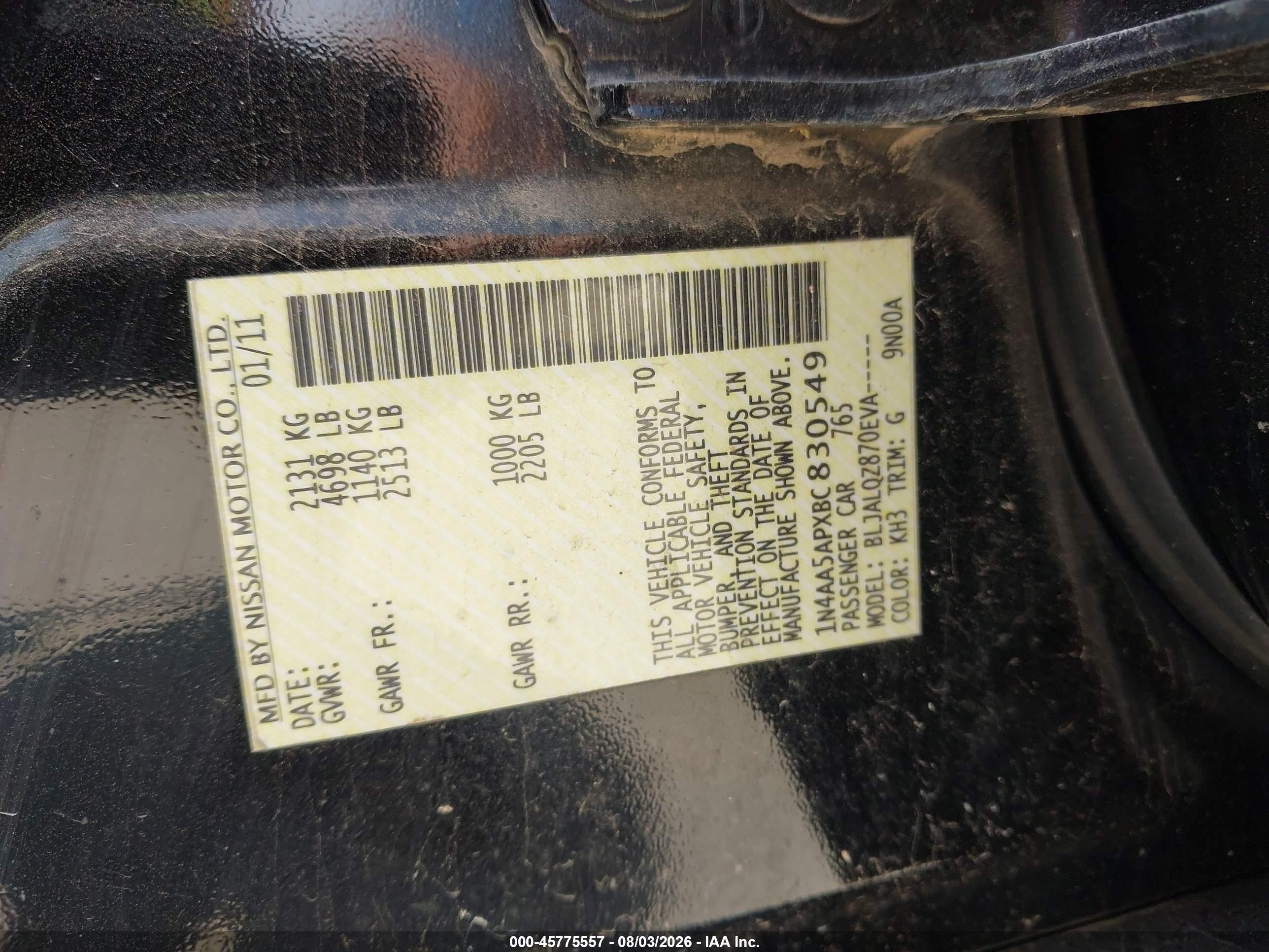 2011 Nissan Maxima 3.5 S Black vin: 1N4AA5APXBC830549