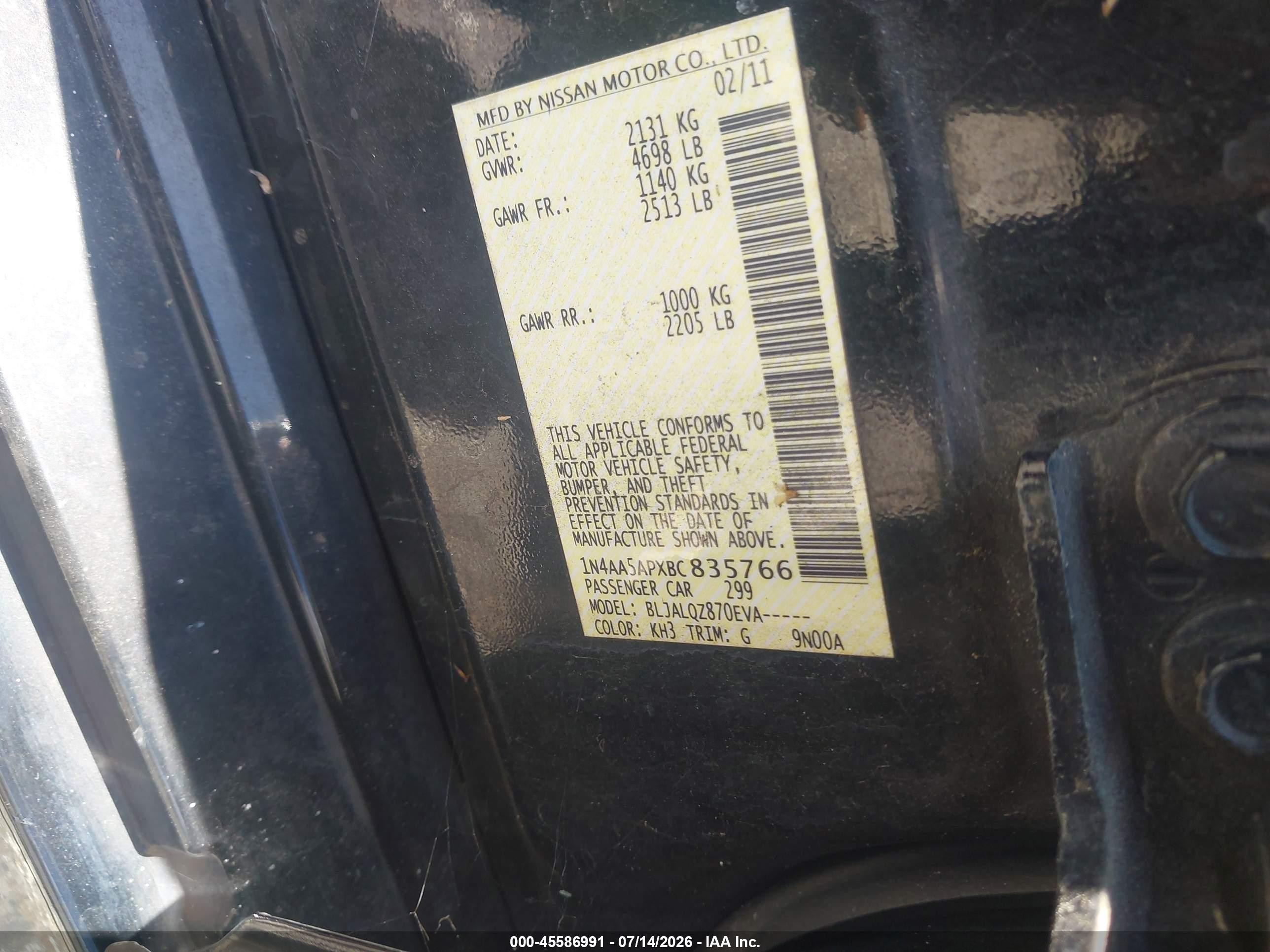 2011 Nissan Maxima 3.5 S Черный vin: 1N4AA5APXBC835766