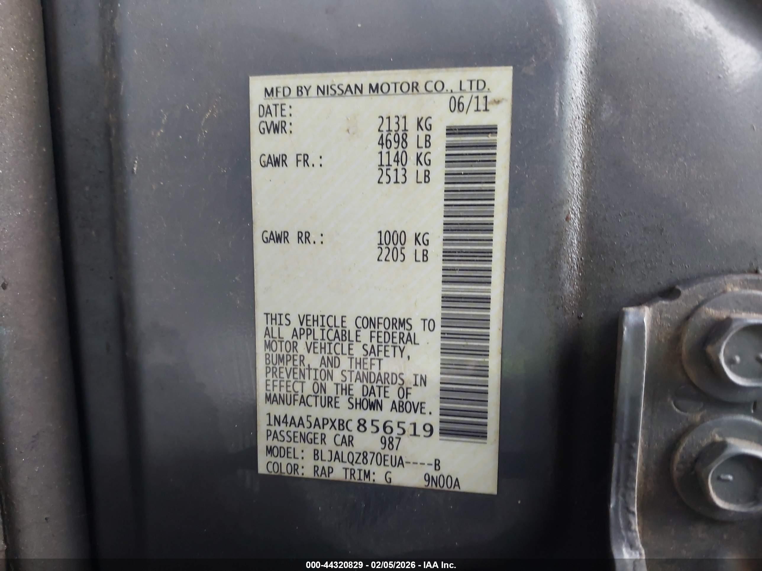2011 Nissan Maxima 3.5 S Gray vin: 1N4AA5APXBC856519