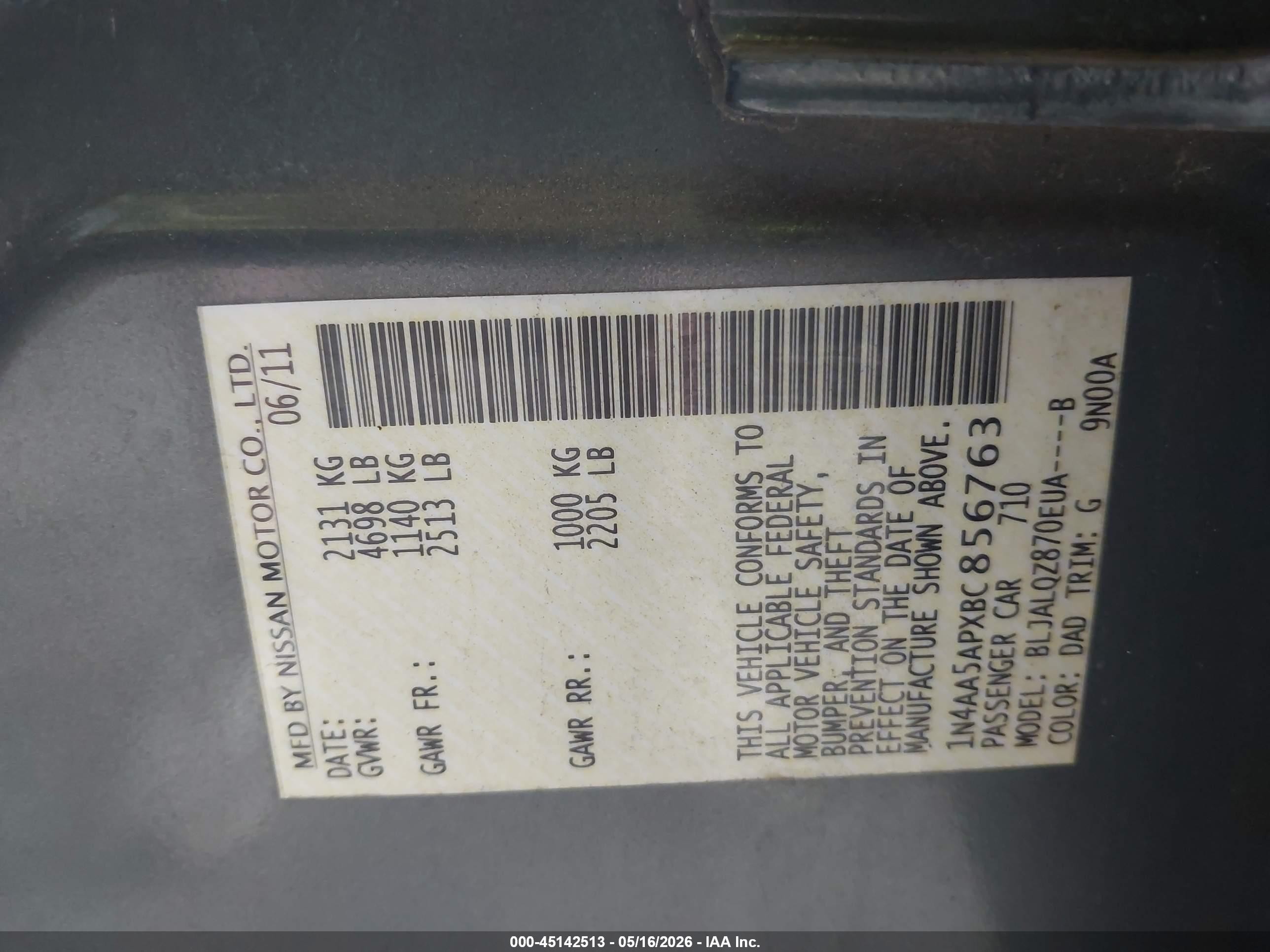 2011 Nissan Maxima 3.5 S Gray vin: 1N4AA5APXBC856763