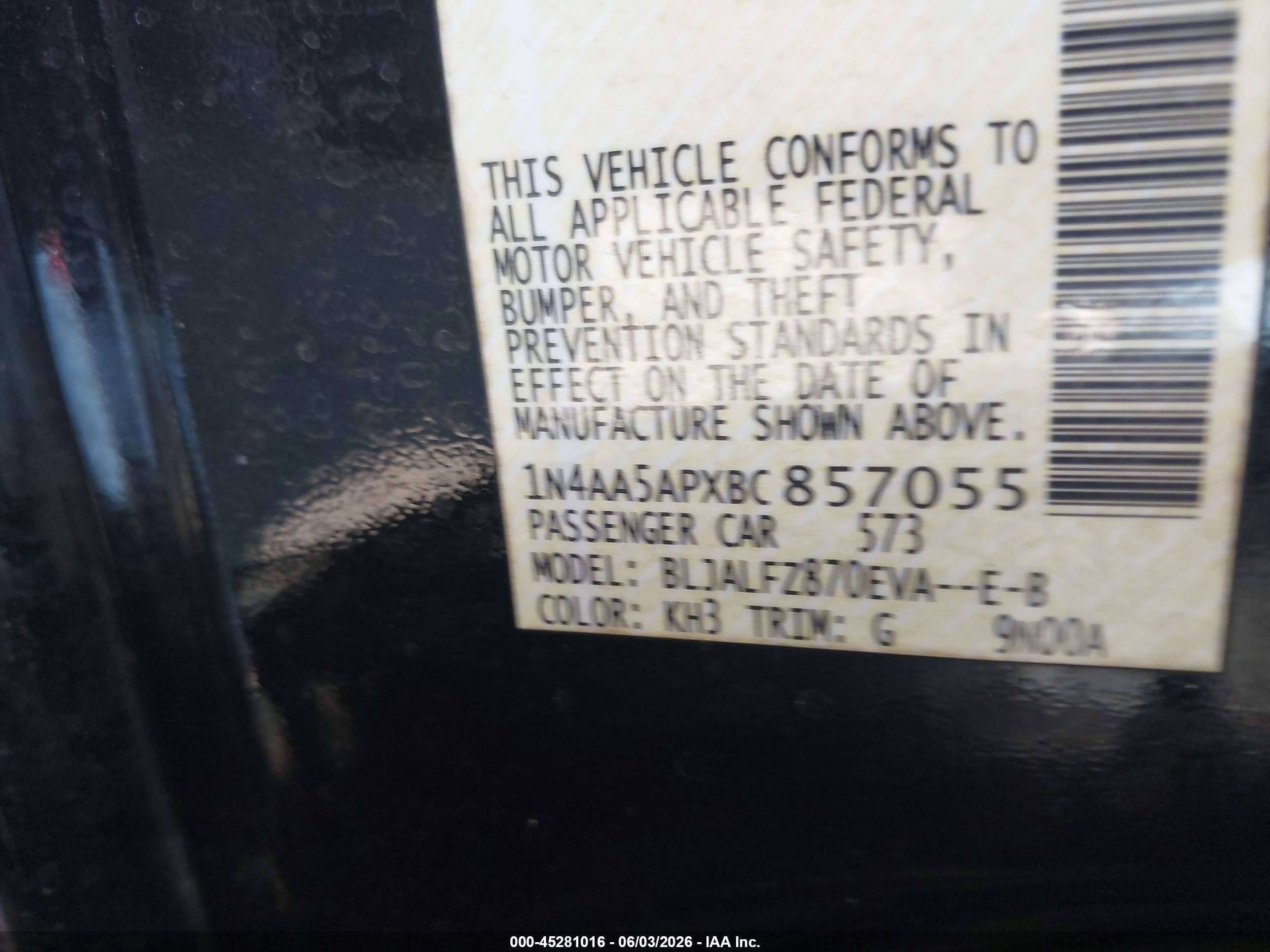 2011 Nissan Maxima 3.5 Sv Black vin: 1N4AA5APXBC857055
