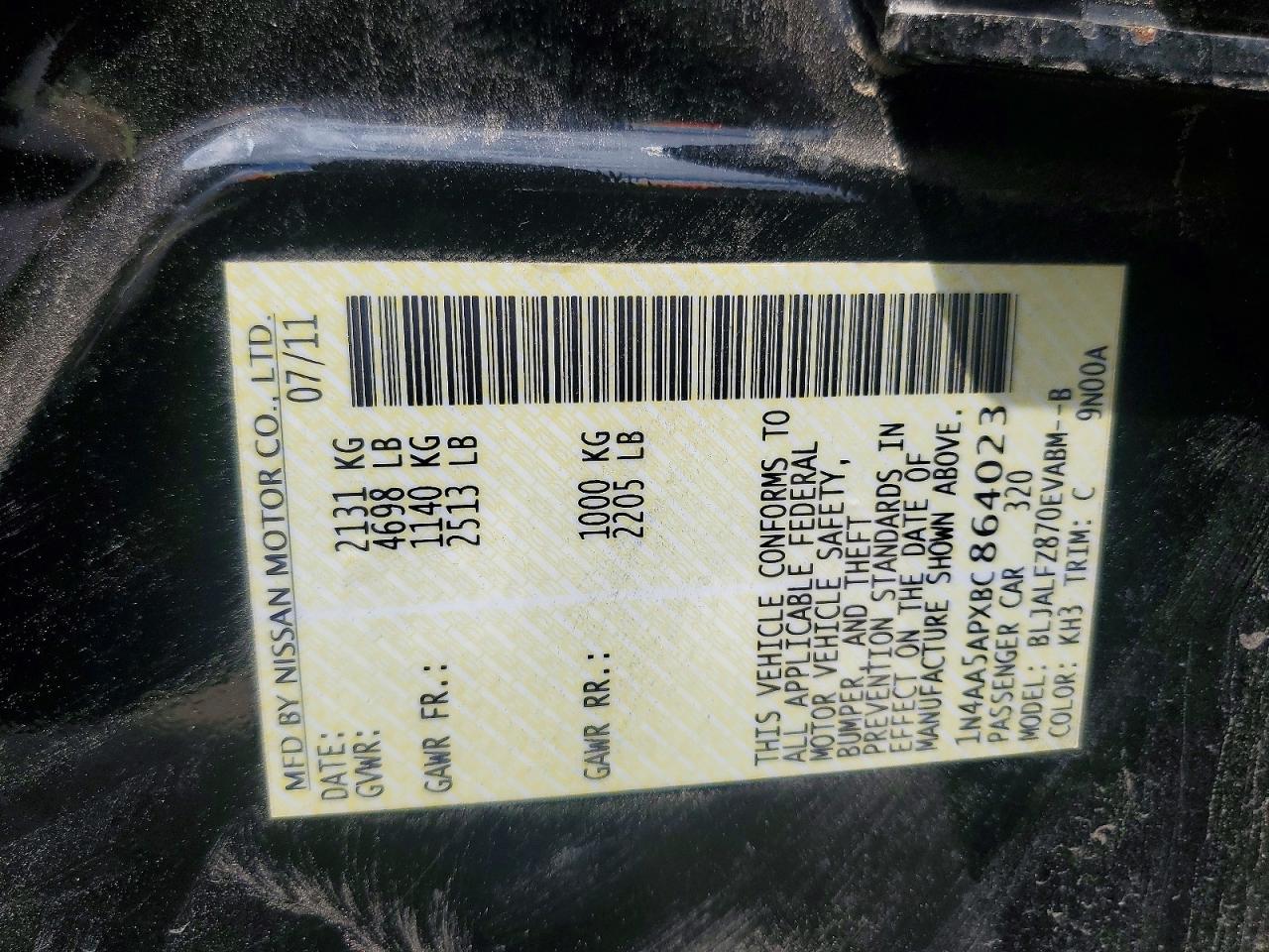 2011 Nissan Maxima 3.5 S Black vin: 1N4AA5APXBC864023