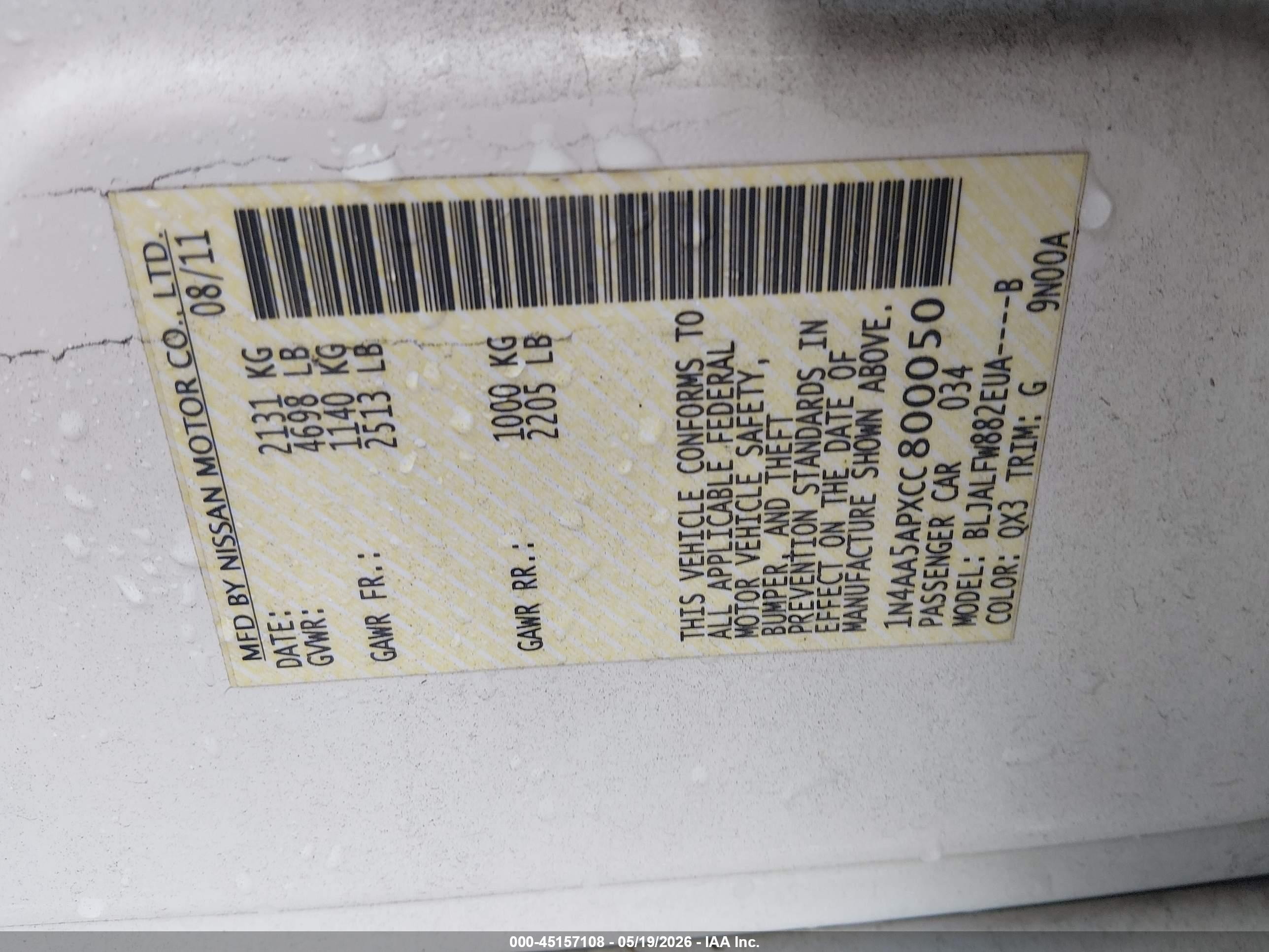 2012 Nissan Maxima 3.5 Sv White vin: 1N4AA5APXCC800050
