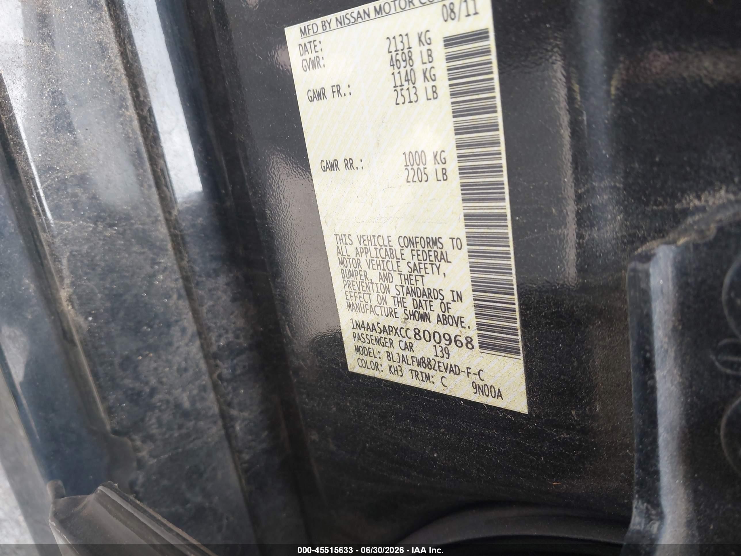2012 Nissan Maxima 3.5 Sv Black vin: 1N4AA5APXCC800968