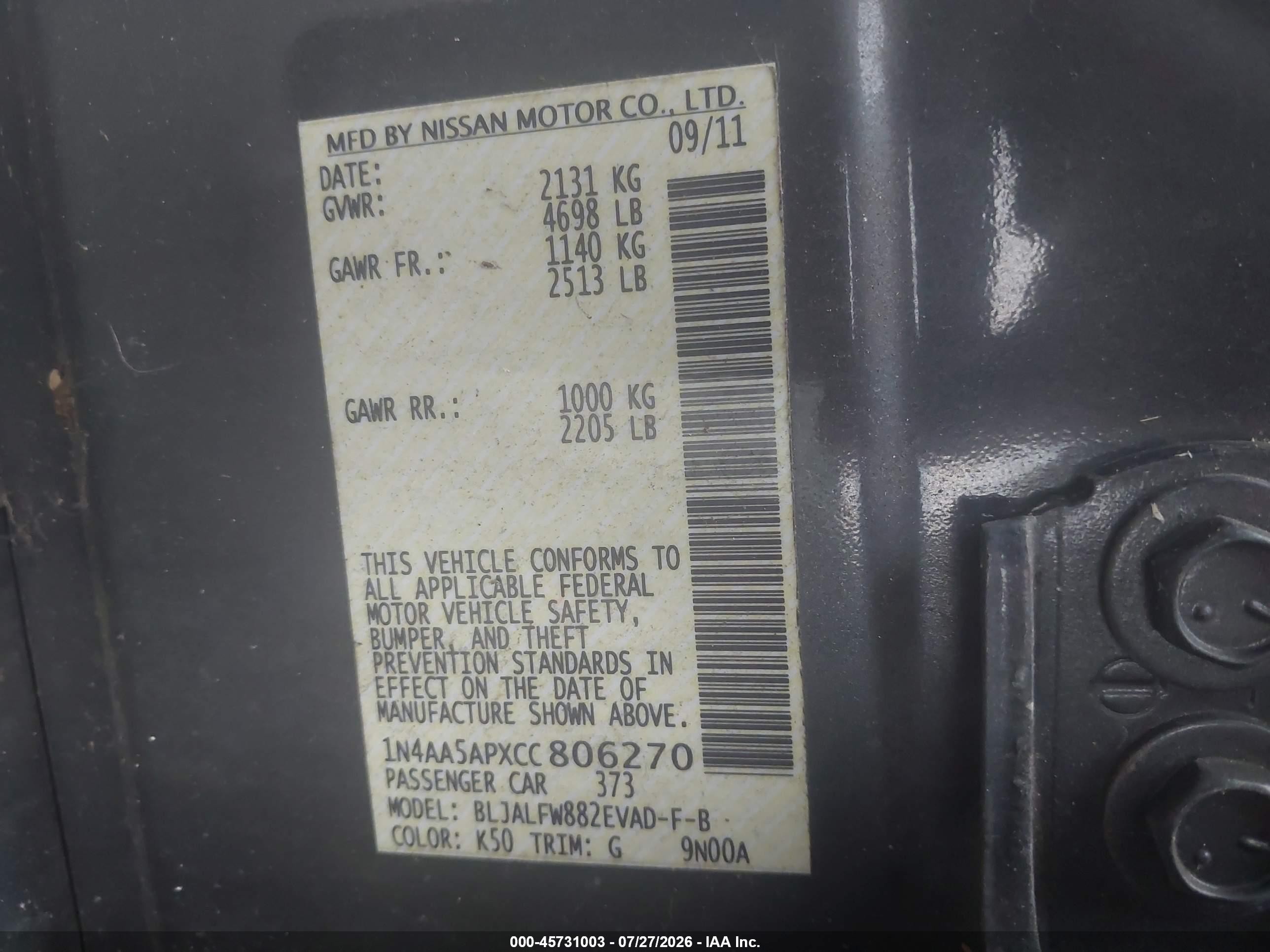 2012 Nissan Maxima 3.5 Sv Gray vin: 1N4AA5APXCC806270