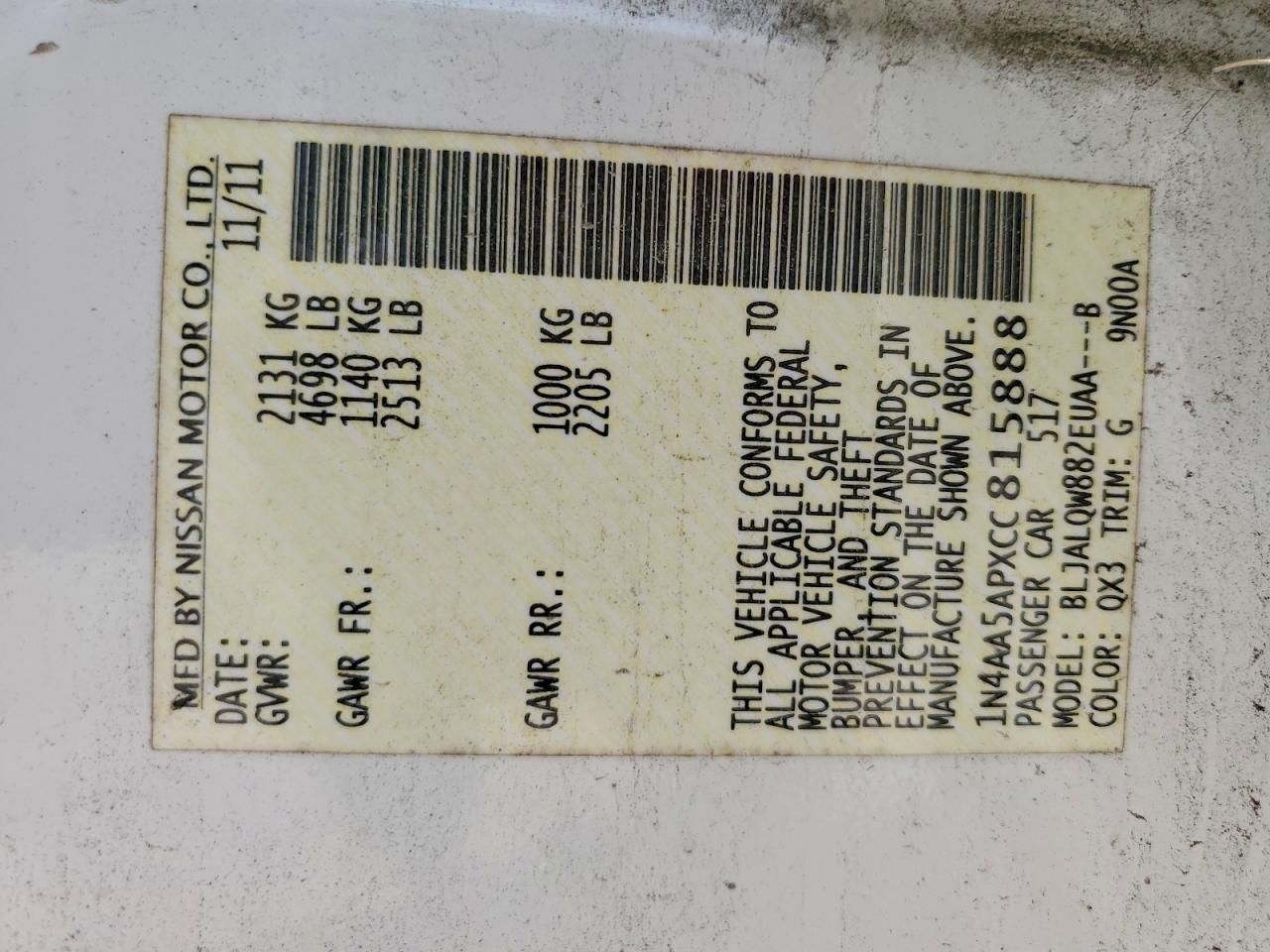 2012 Nissan Maxima 3.5 S White vin: 1N4AA5APXCC815888