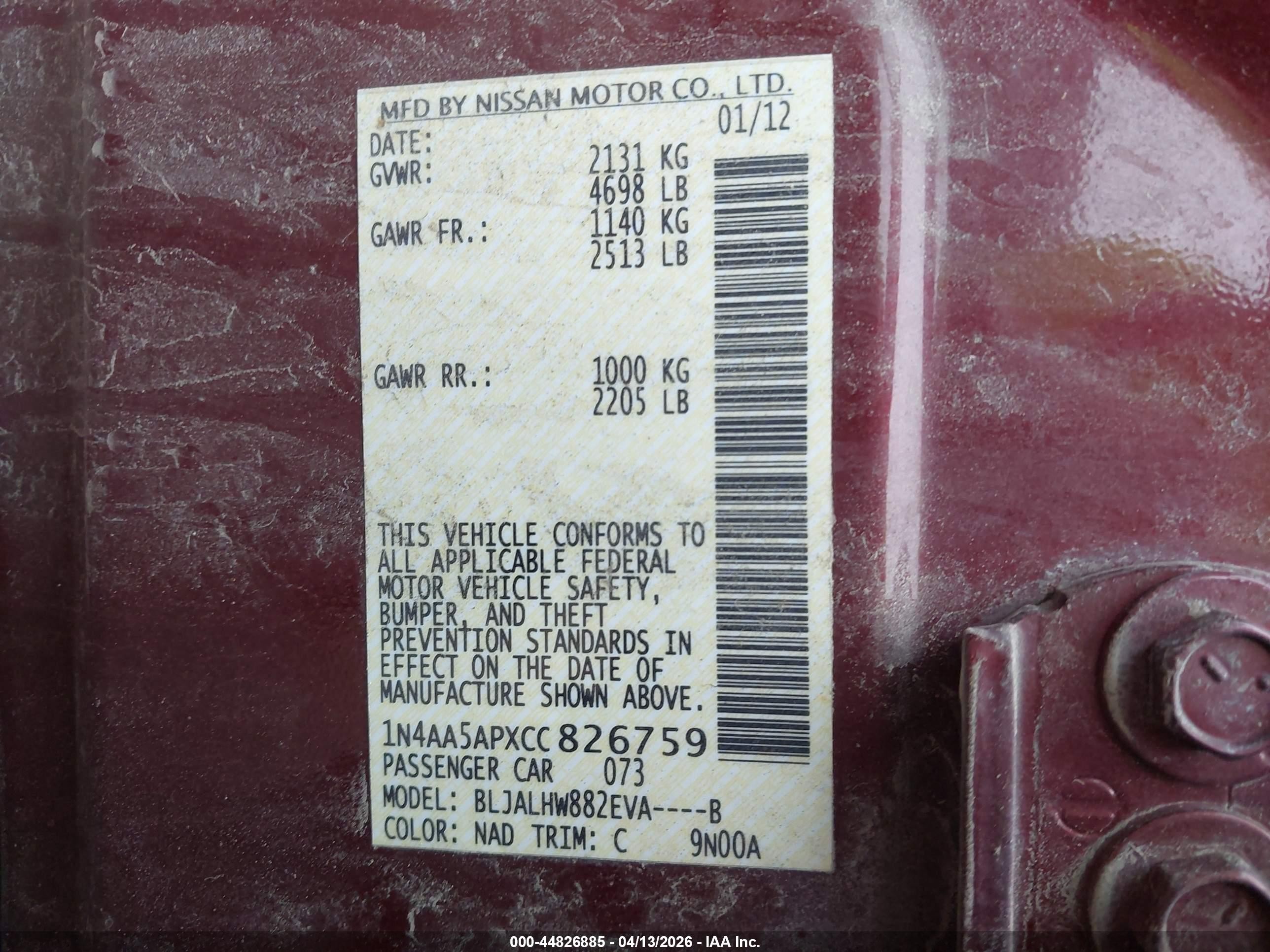 2012 Nissan Maxima 3.5 Sv Maroon vin: 1N4AA5APXCC826759