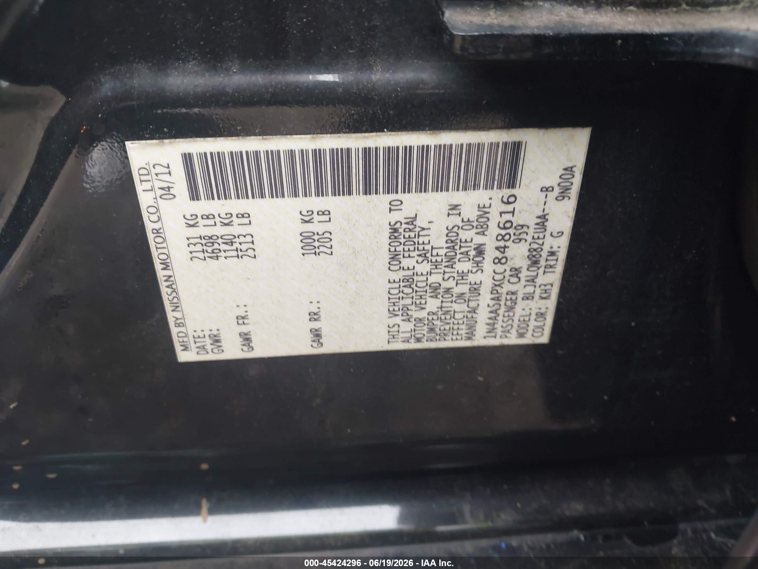 2012 Nissan Maxima 3.5 S Black vin: 1N4AA5APXCC848616