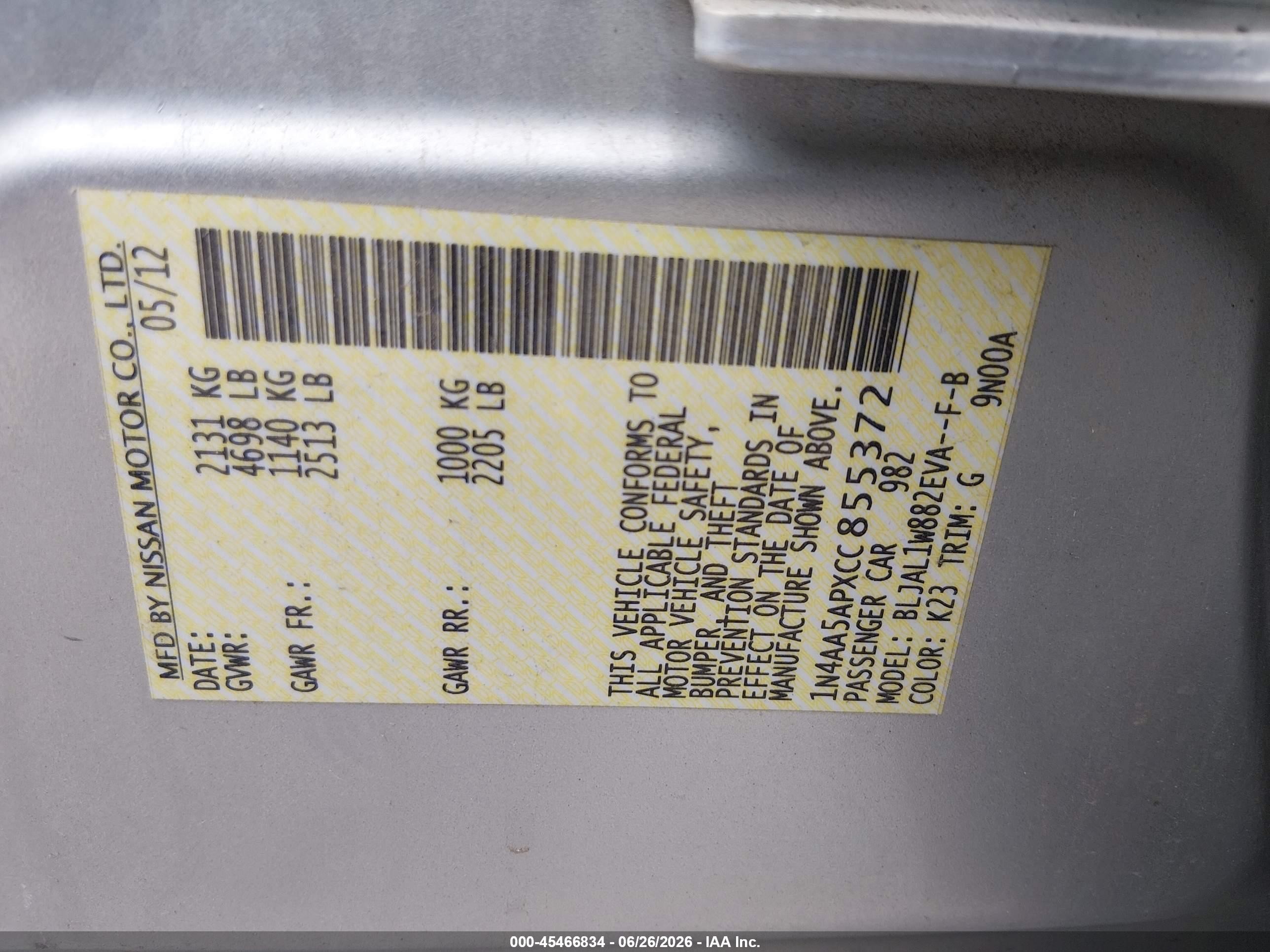 2012 Nissan Maxima 3.5 Sv Silver vin: 1N4AA5APXCC855372