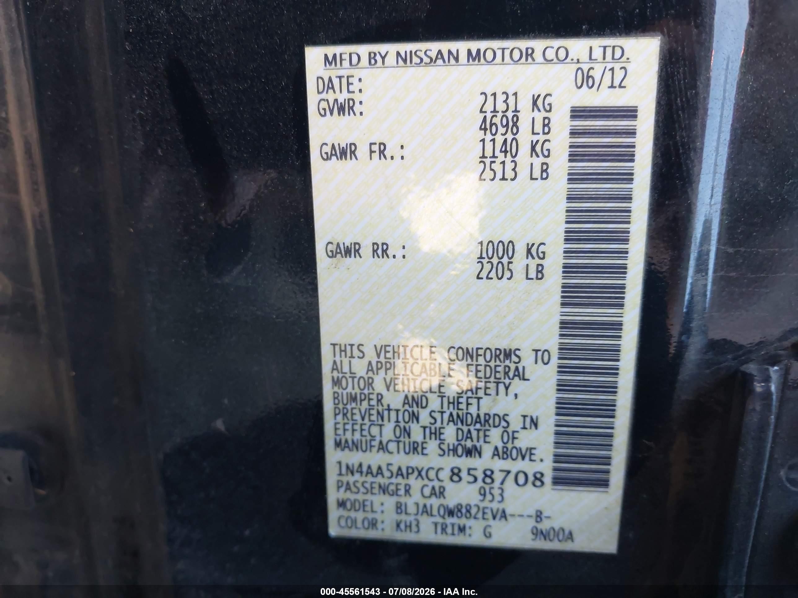 2012 Nissan Maxima 3.5 S Black vin: 1N4AA5APXCC858708