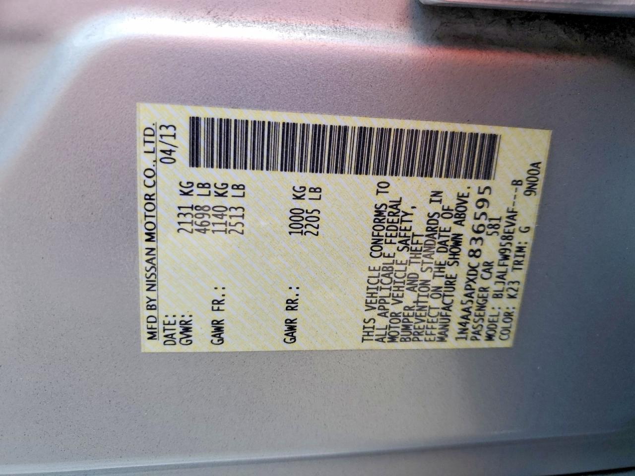 2013 Nissan Maxima 3.5 S Серебряный vin: 1N4AA5APXDC836595