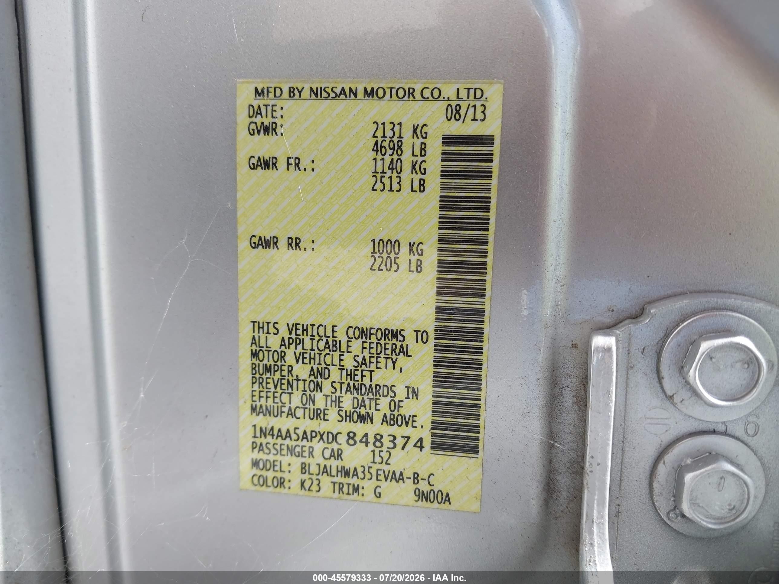 2013 Nissan Maxima 3.5 Sv Silver vin: 1N4AA5APXDC848374