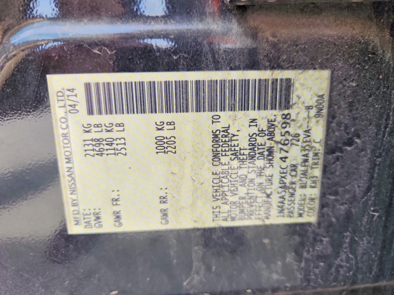 2014 Nissan Maxima 3.5 Sv Black vin: 1N4AA5APXEC476598