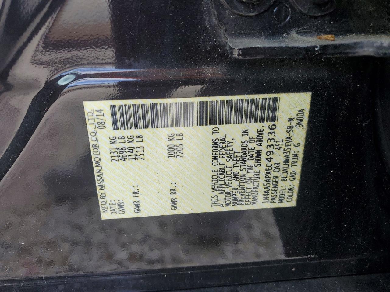 2014 Nissan Maxima 3.5 Sv Черный vin: 1N4AA5APXEC493336