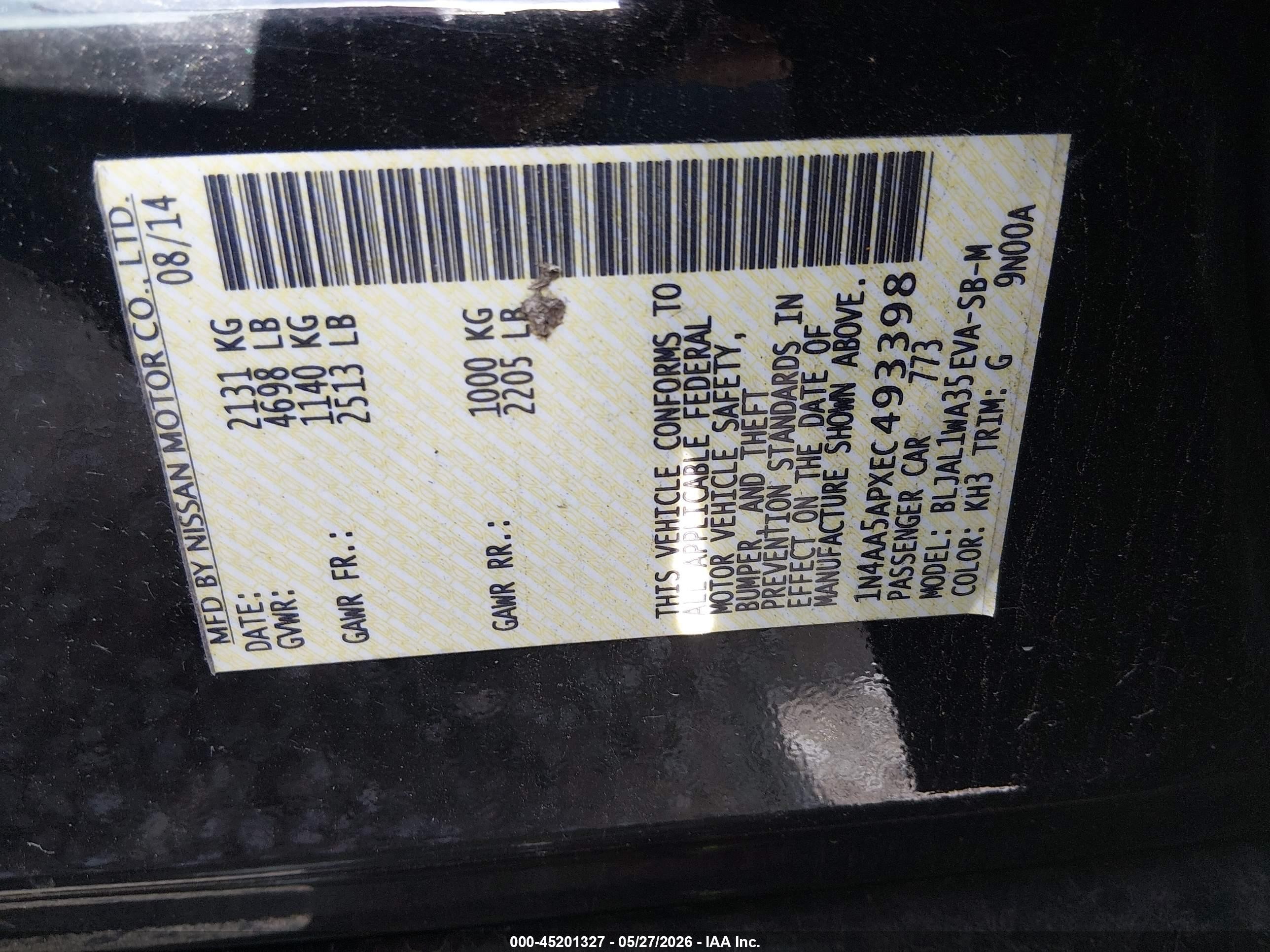 2014 Nissan Maxima 3.5 Sv Black vin: 1N4AA5APXEC493398