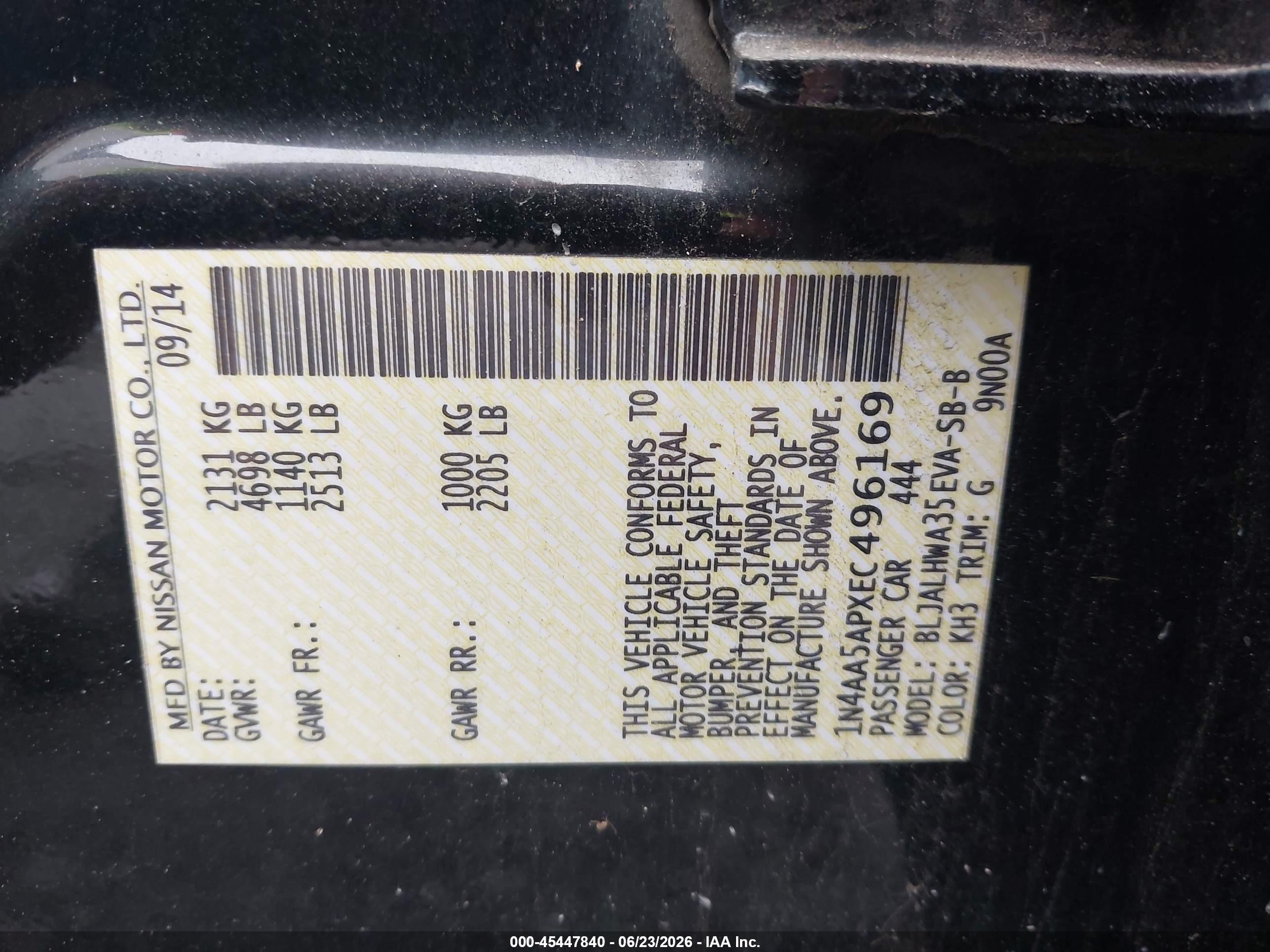 2014 Nissan Maxima 3.5 Sv Black vin: 1N4AA5APXEC496169