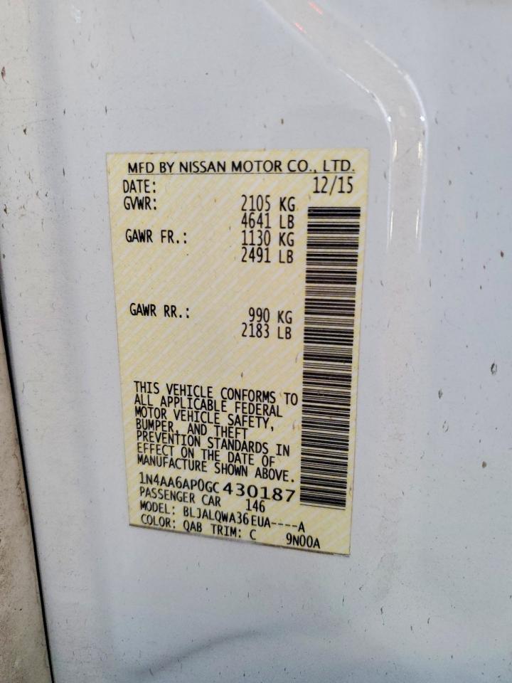 2016 Nissan Maxima 3.5 S Белый vin: 1N4AA6AP0GC430187