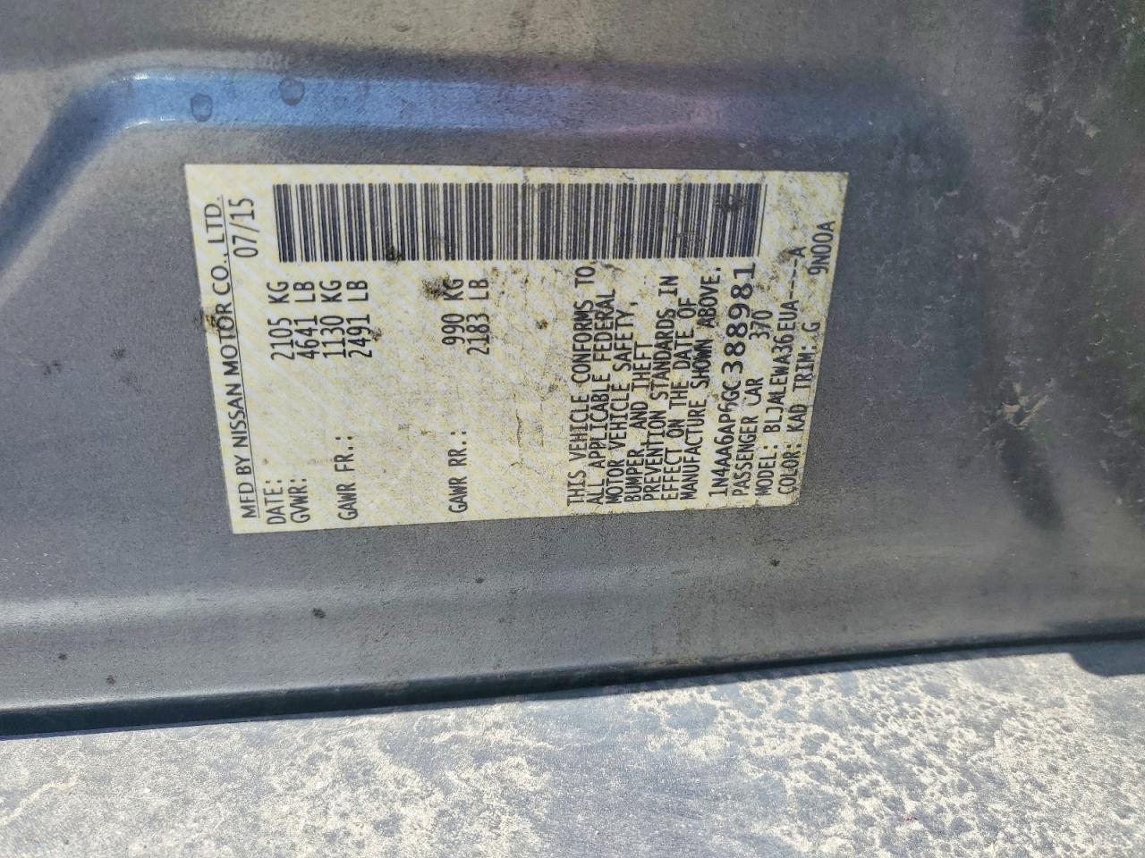 2016 Nissan Maxima 3.5 Sl Charcoal vin: 1N4AA6AP6GC388981