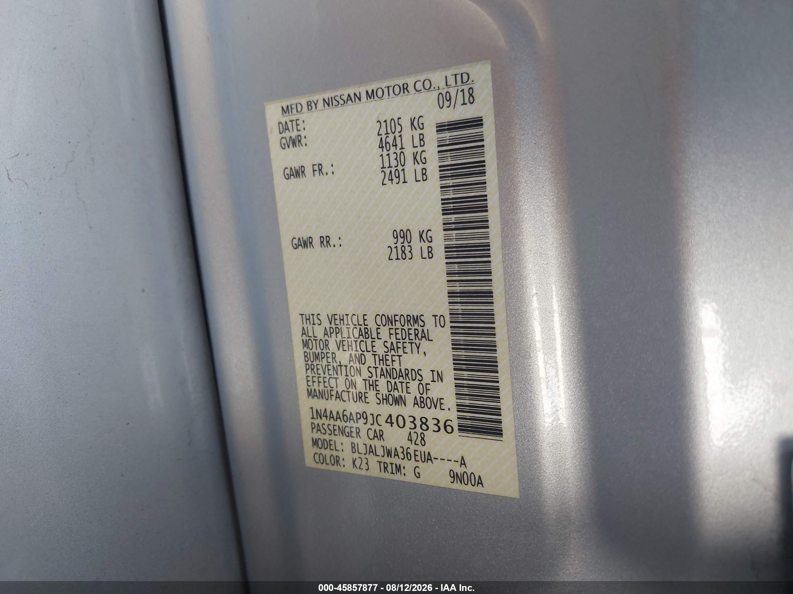 2018 Nissan Maxima 3.5 Sv Silver vin: 1N4AA6AP9JC403836