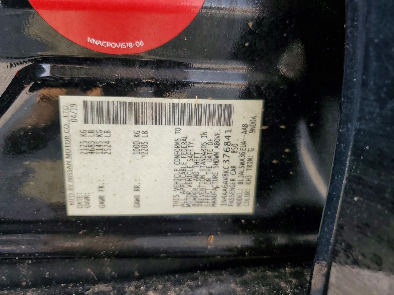 2019 Nissan Maxima 3.5 Sr Black vin: 1N4AA6AV8KC376841