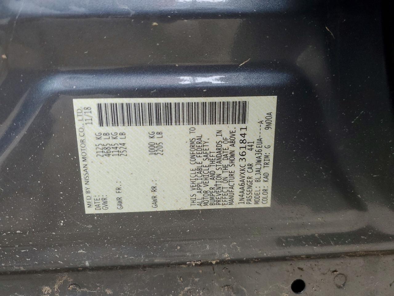 2019 Nissan Maxima 3.5 Sv Gray vin: 1N4AA6AVXKC361841