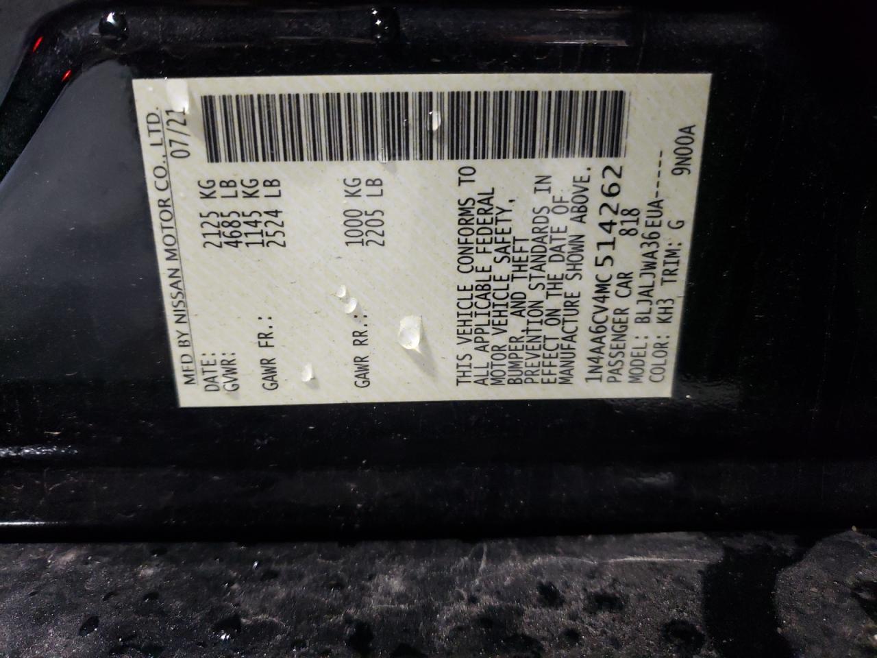 2021 Nissan Maxima Sv Black vin: 1N4AA6CV4MC514262