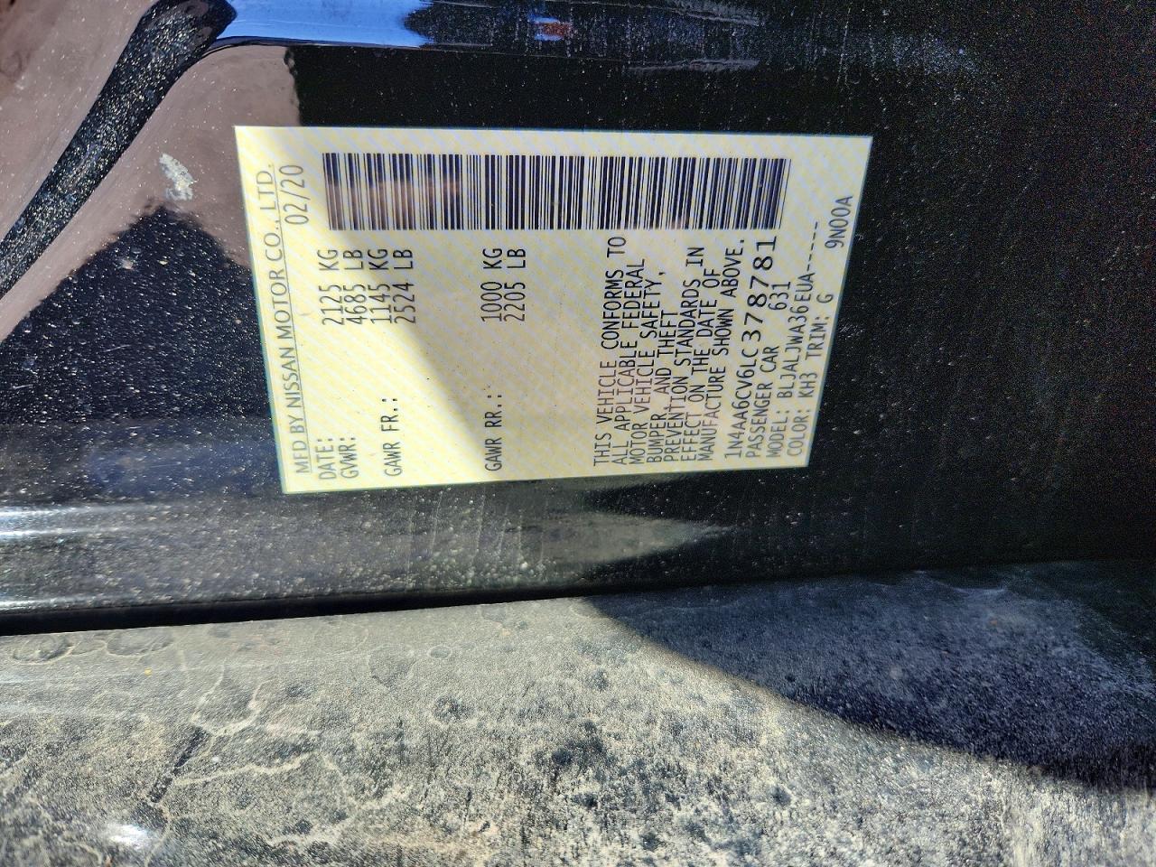 2020 Nissan Maxima Sv Black vin: 1N4AA6CV6LC378781