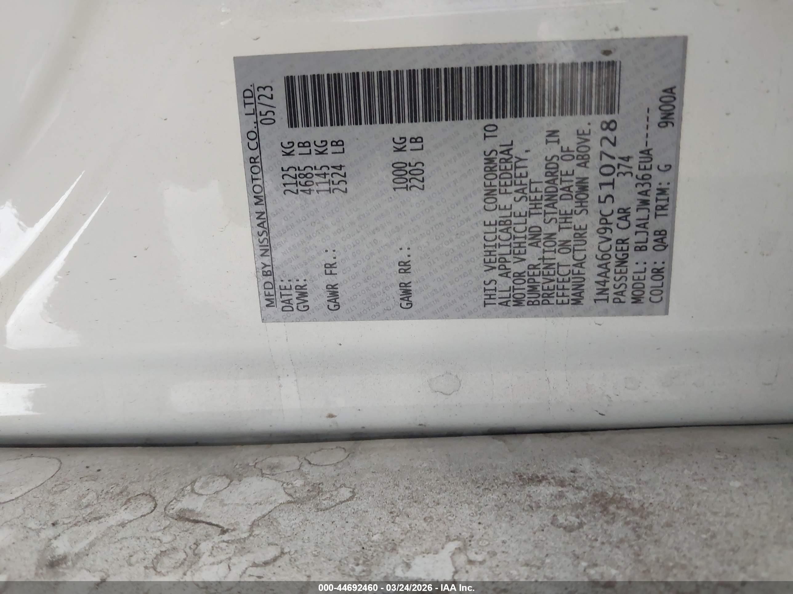 2023 Nissan Maxima Sv Xtronic Cvt White vin: 1N4AA6CV9PC510728