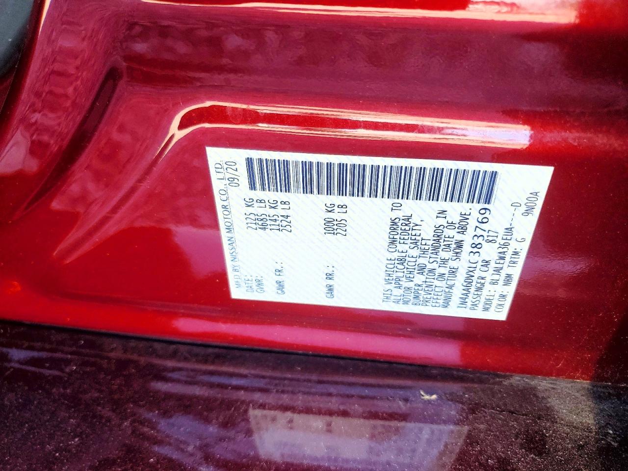 2020 Nissan Maxima S Red vin: 1N4AA6DVXLC383769