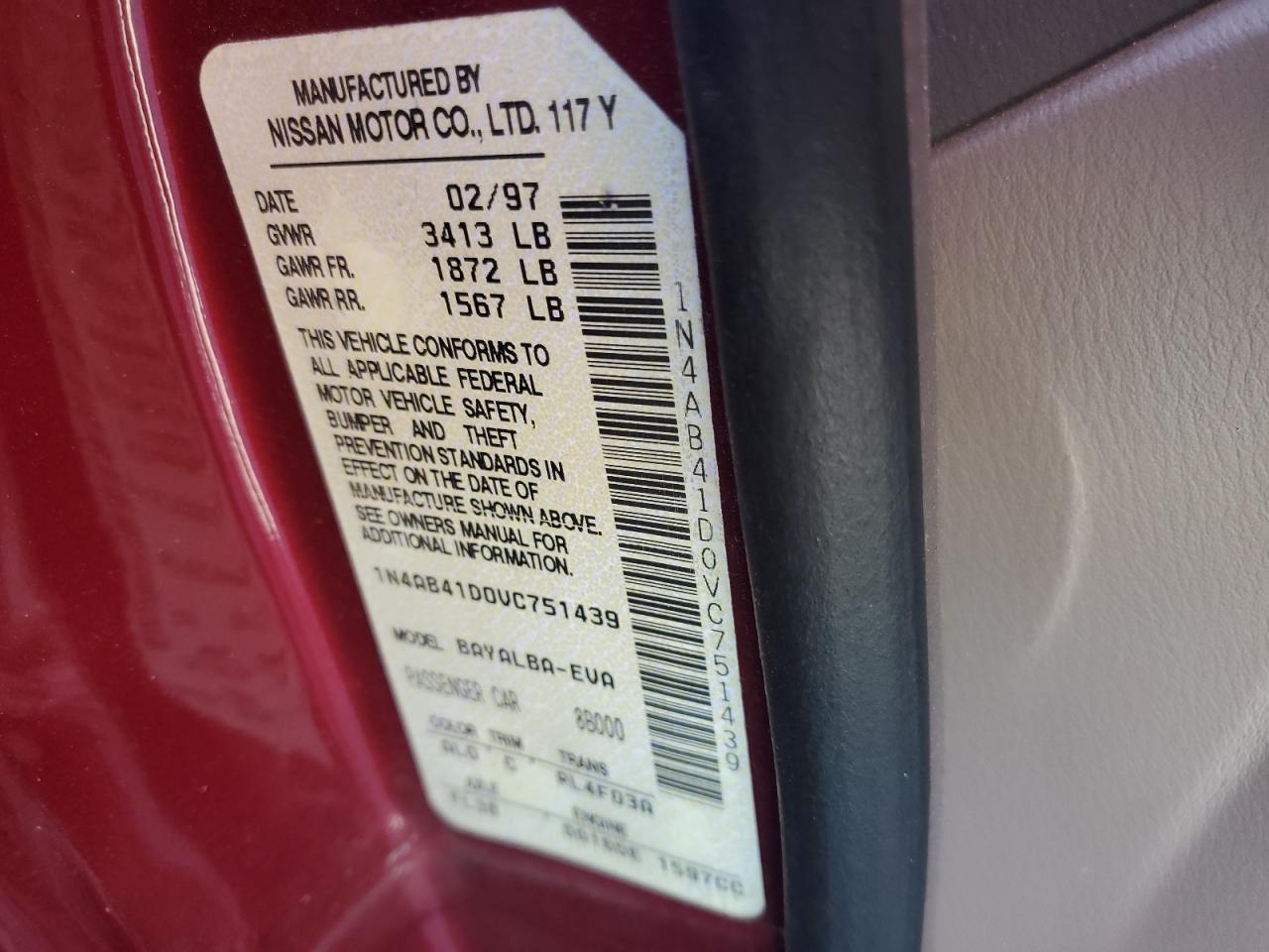 1997 Nissan Sentra Base Maroon vin: 1N4AB41D0VC751439