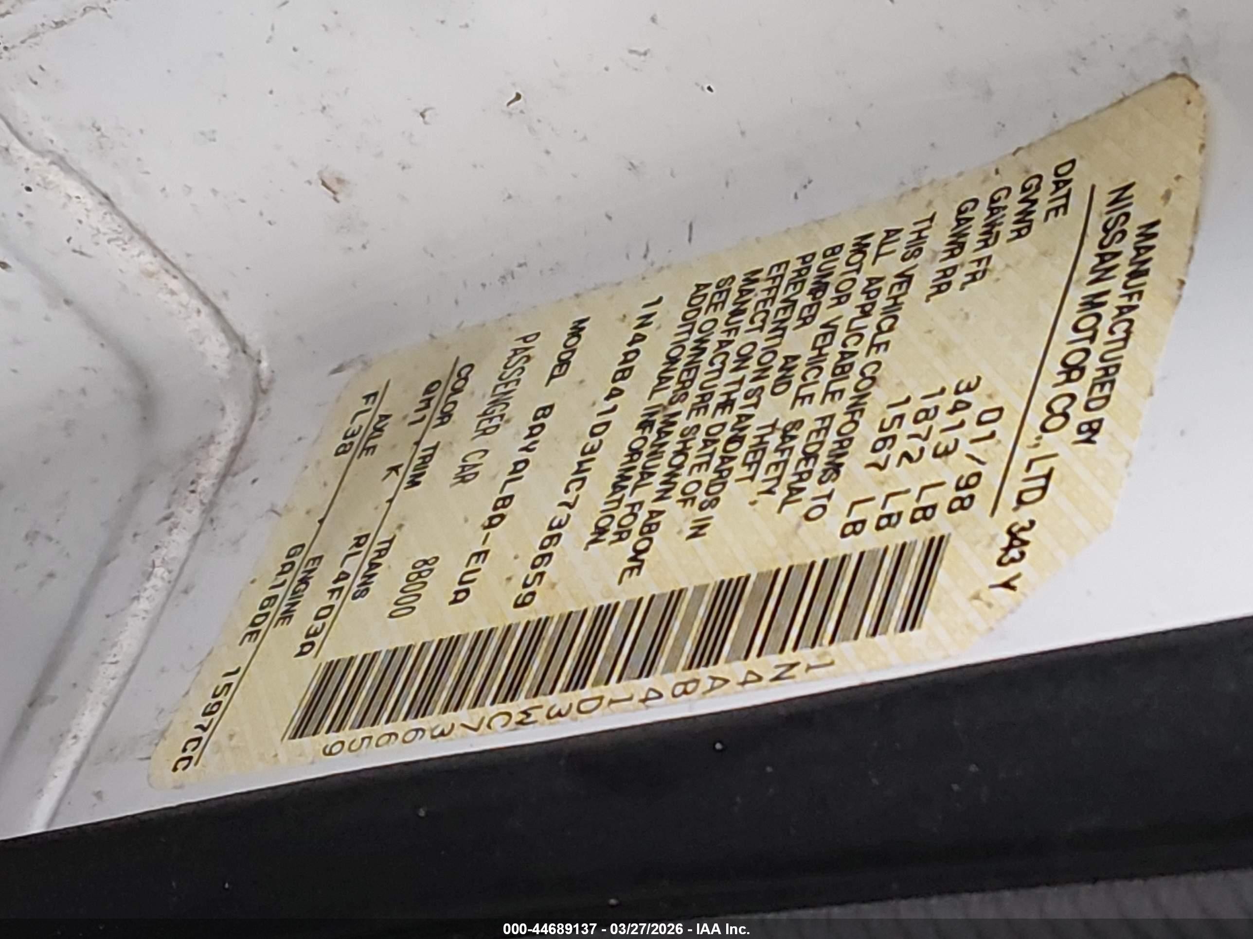 1998 Nissan Sentra Gle/gxe/xe White vin: 1N4AB41D3WC736659
